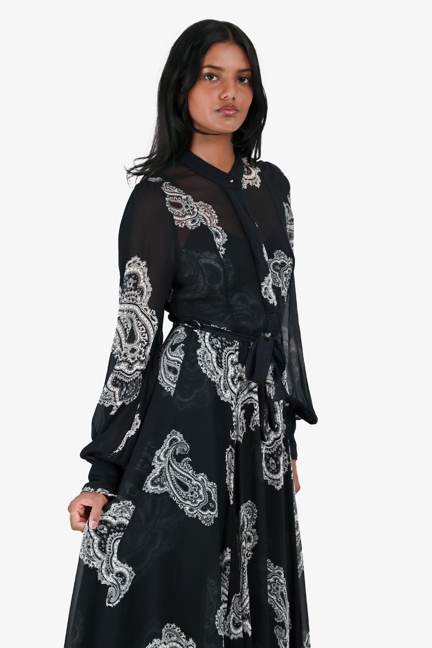 Zimmermann Navy White Paisly Print Sheer Maxi Belted Dress with Slip Size 0