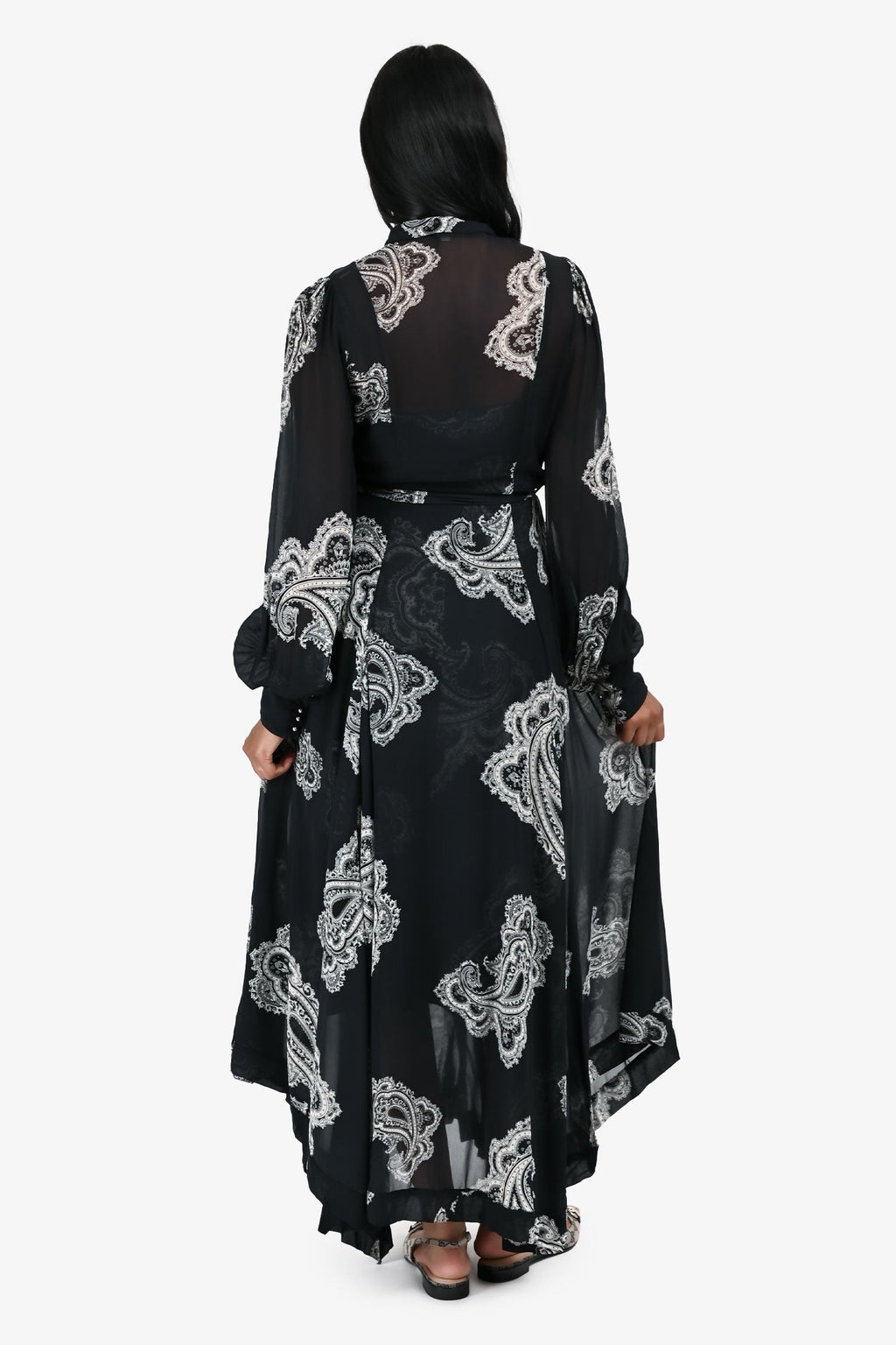 Zimmermann Navy White Paisly Print Sheer Maxi Belted Dress with Slip Size 0