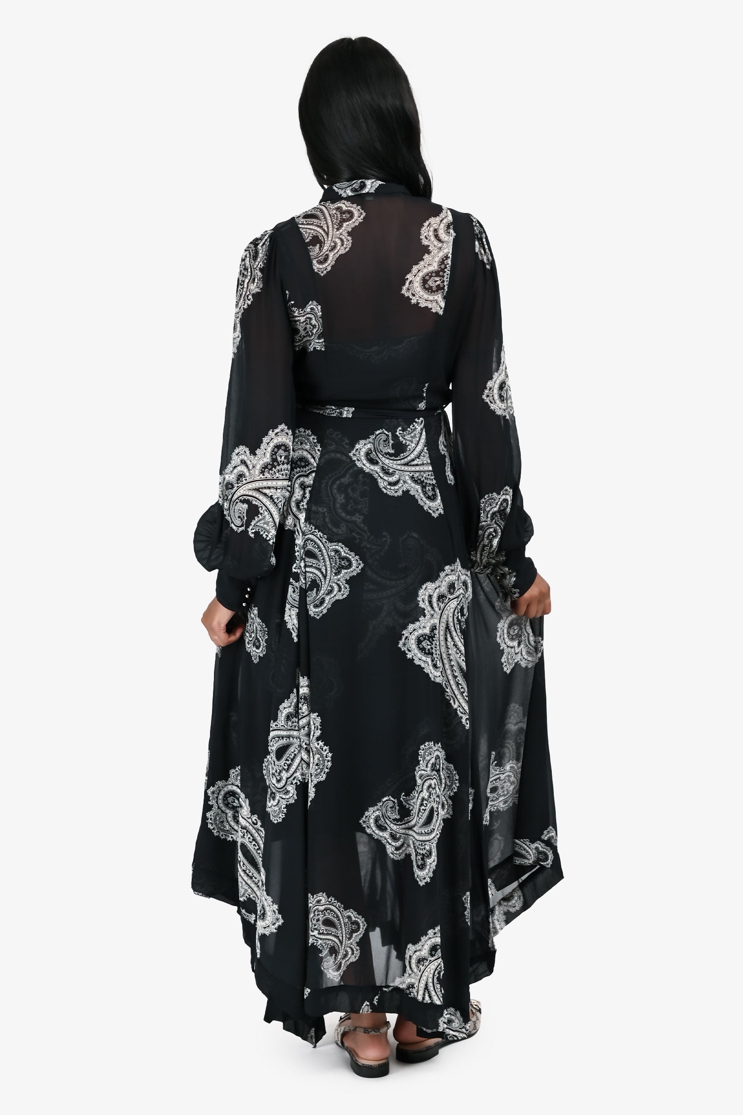 Zimmermann Navy White Paisly Print Sheer Maxi Belted Dress with Slip Size 0