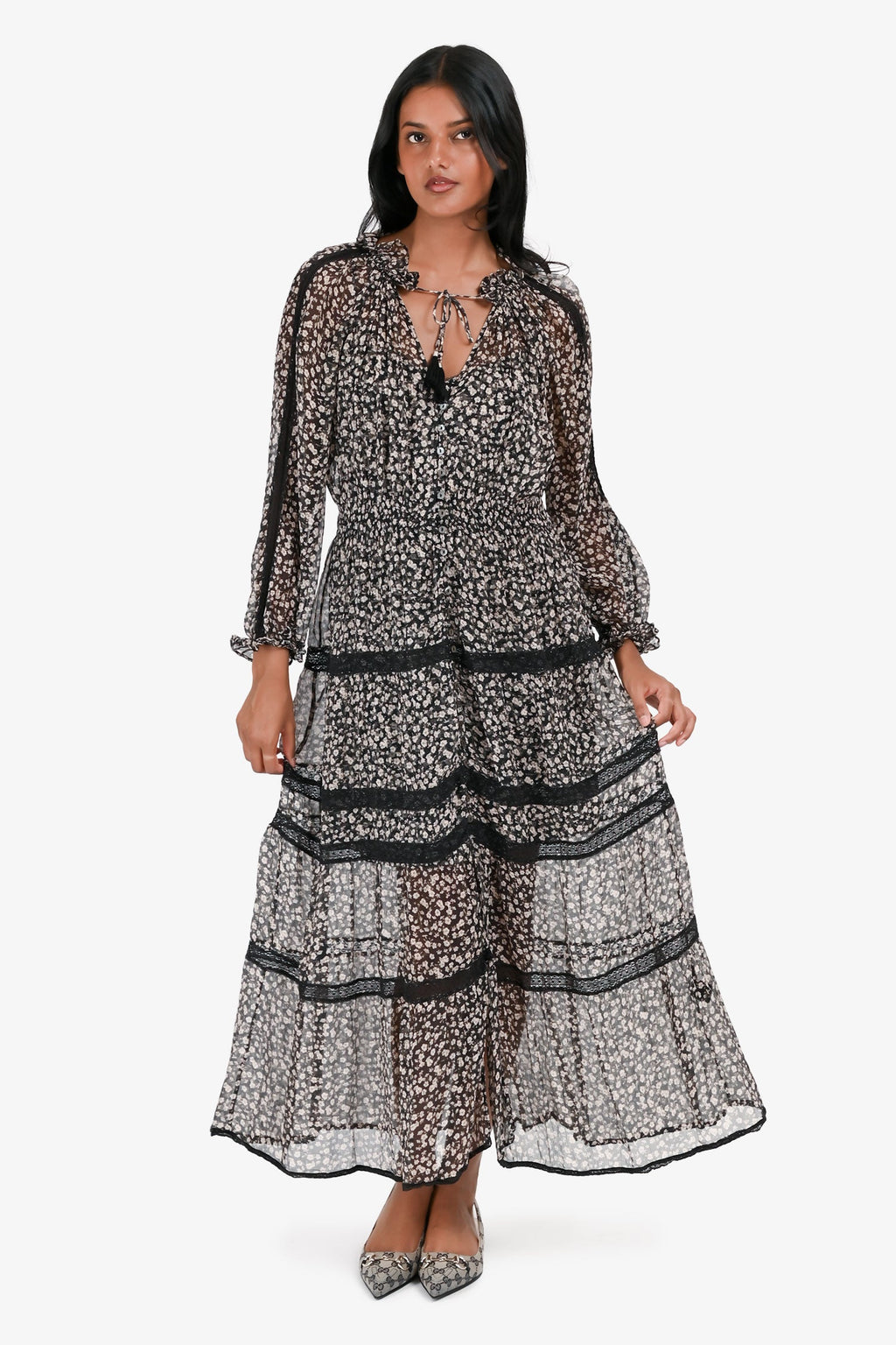Zimmermann Black/Pink Floral Long Sleeve Sheer Maxi Dress With Slip Size 0