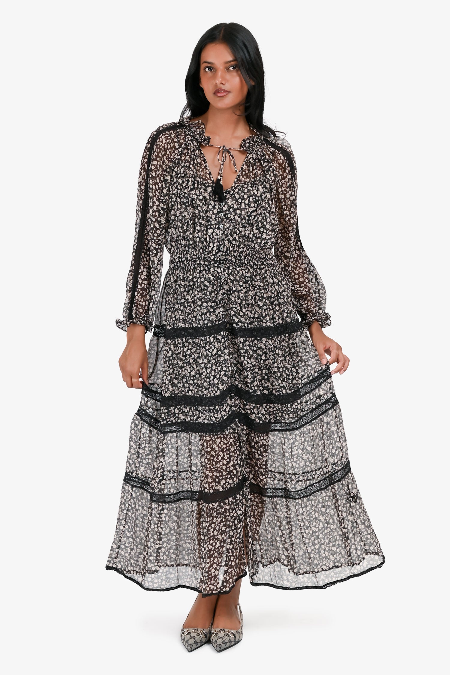 Zimmermann Black/Pink Floral Long Sleeve Sheer Maxi Dress With Slip Size 0