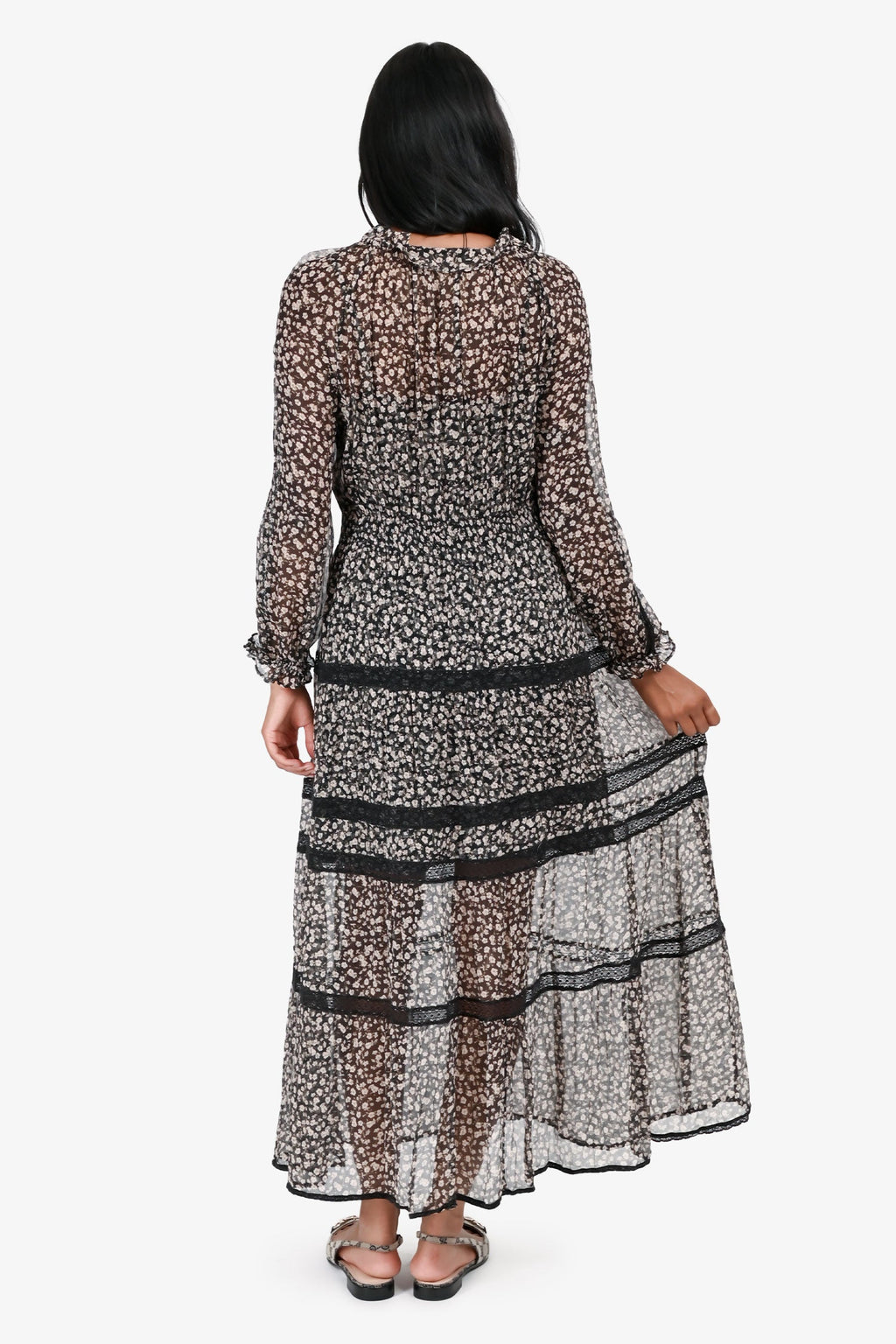 Zimmermann Black/Pink Floral Long Sleeve Sheer Maxi Dress With Slip Size 0