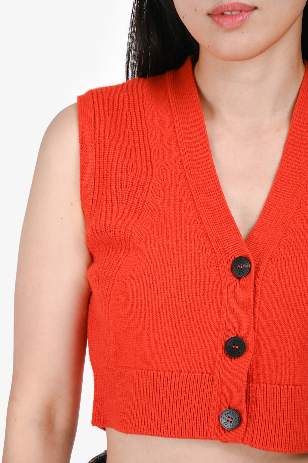 Hermès Orange Cashmere Cropped Button-Up Sweater Vest Size 38