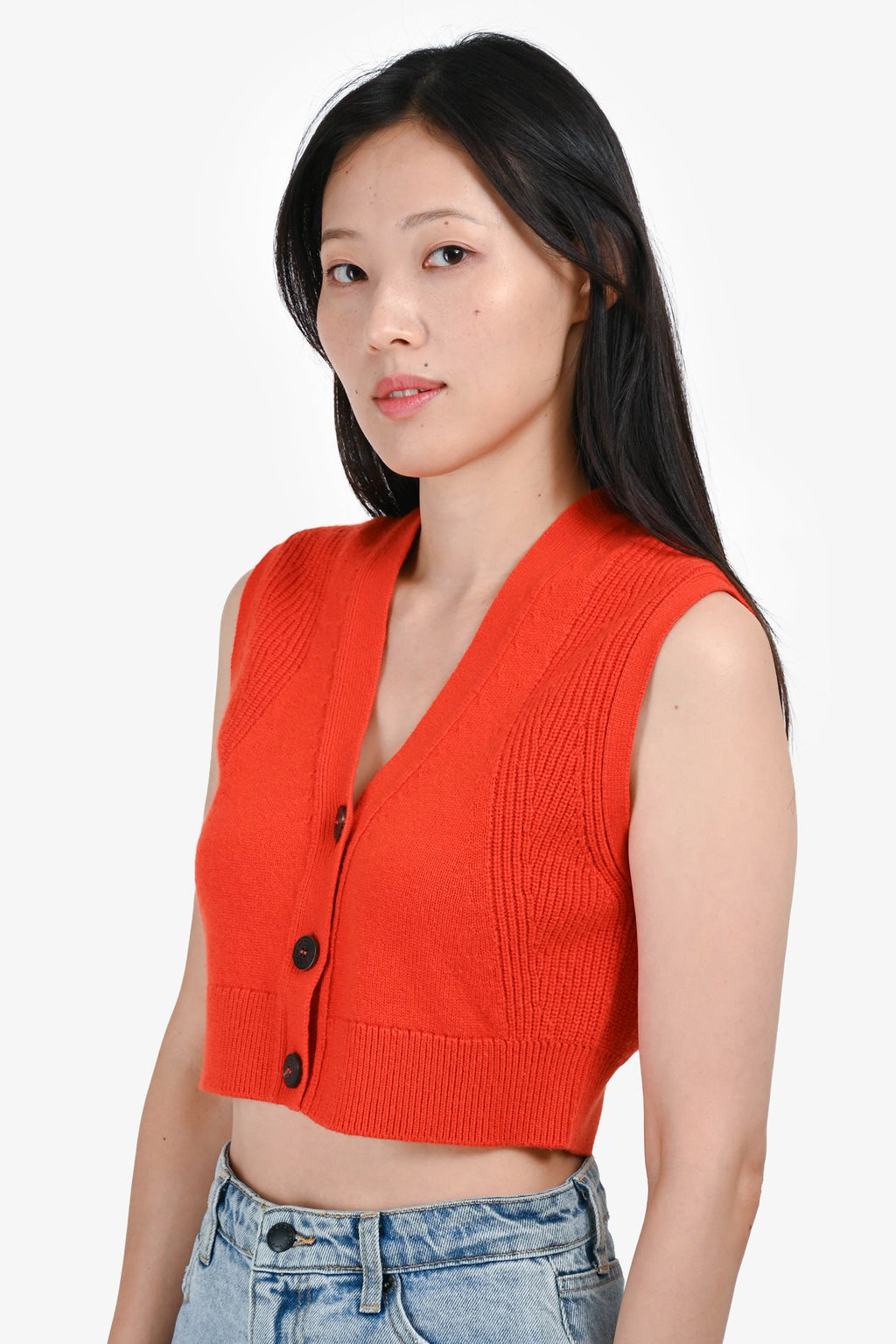 Hermès Orange Cashmere Cropped Button-Up Sweater Vest Size 38