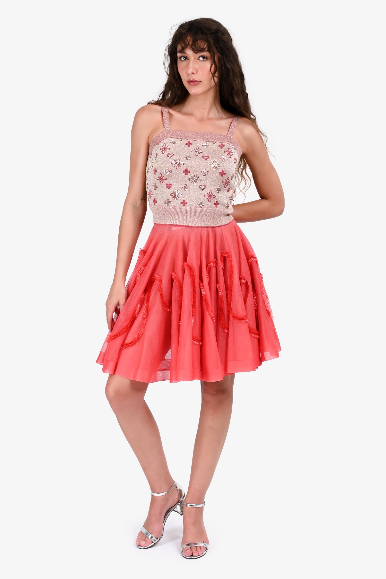 Alaïa Coral Silk Knit Frayed Detail Sheer 'Boa' Skirt Size 36