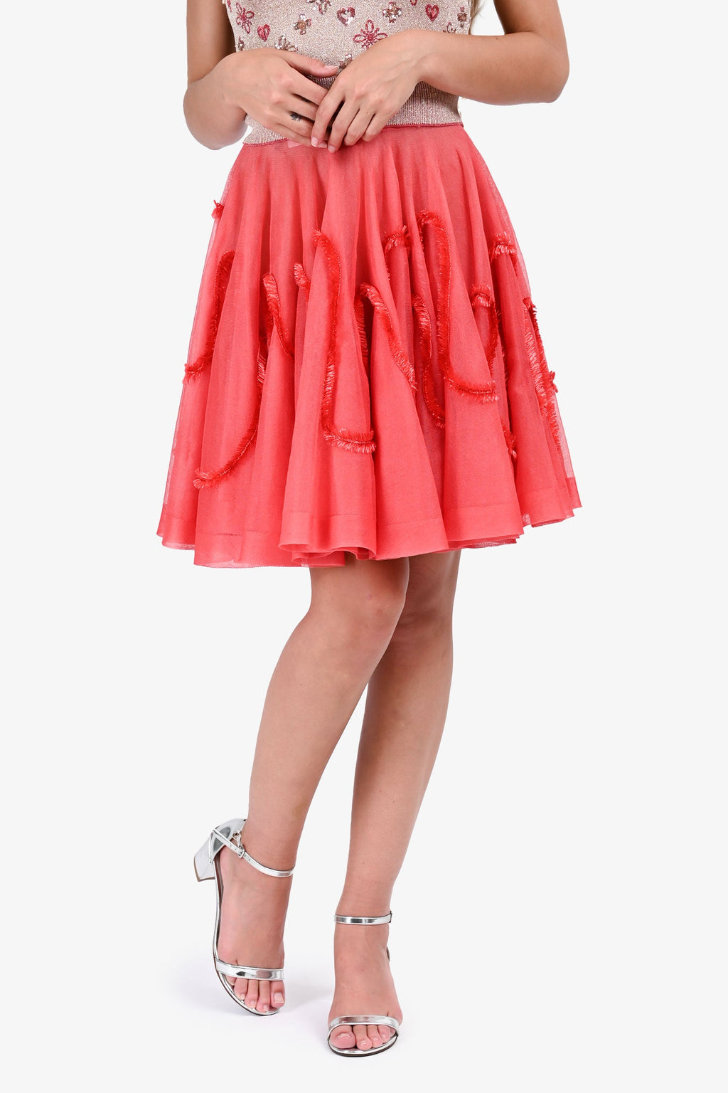 Alaïa Coral Silk Knit Frayed Detail Sheer 'Boa' Skirt Size 36