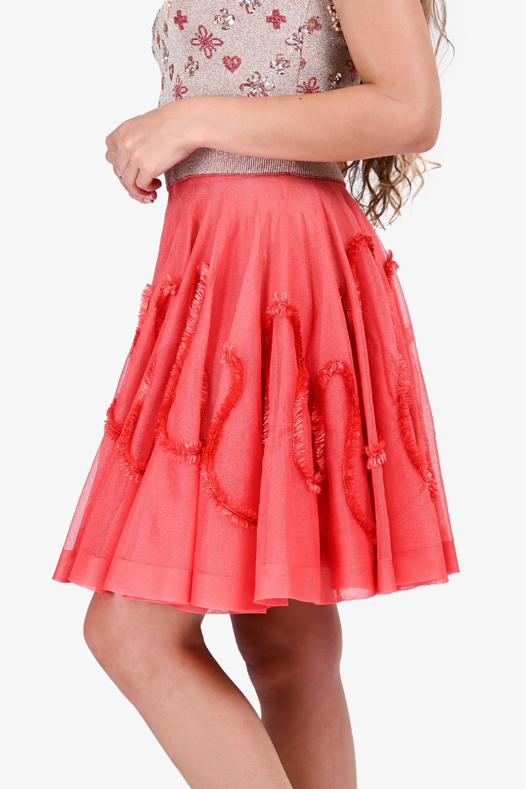 Alaïa Coral Silk Knit Frayed Detail Sheer 'Boa' Skirt Size 36