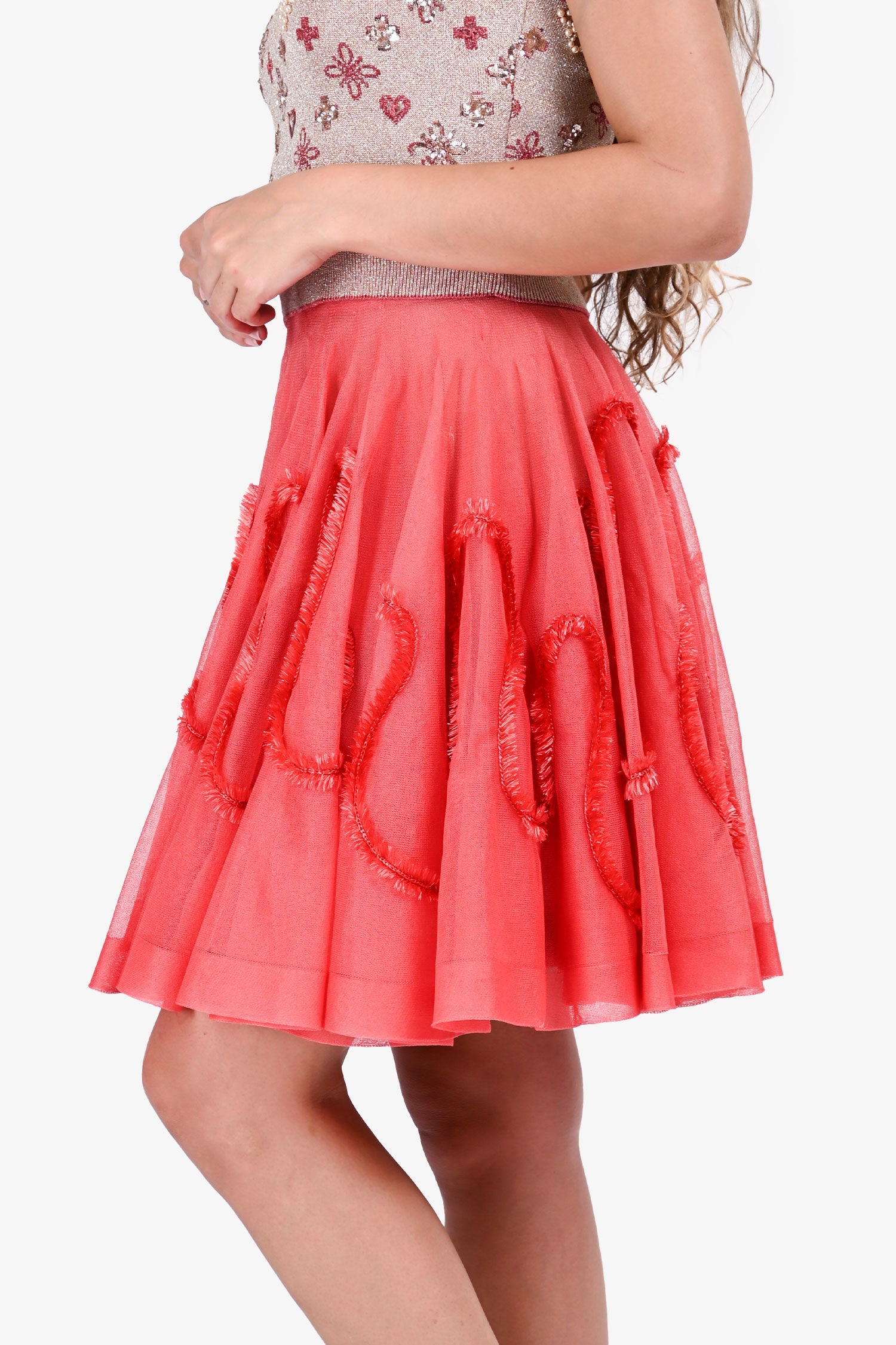 Alaïa Coral Silk Knit Frayed Detail Sheer 'Boa' Skirt Size 36
