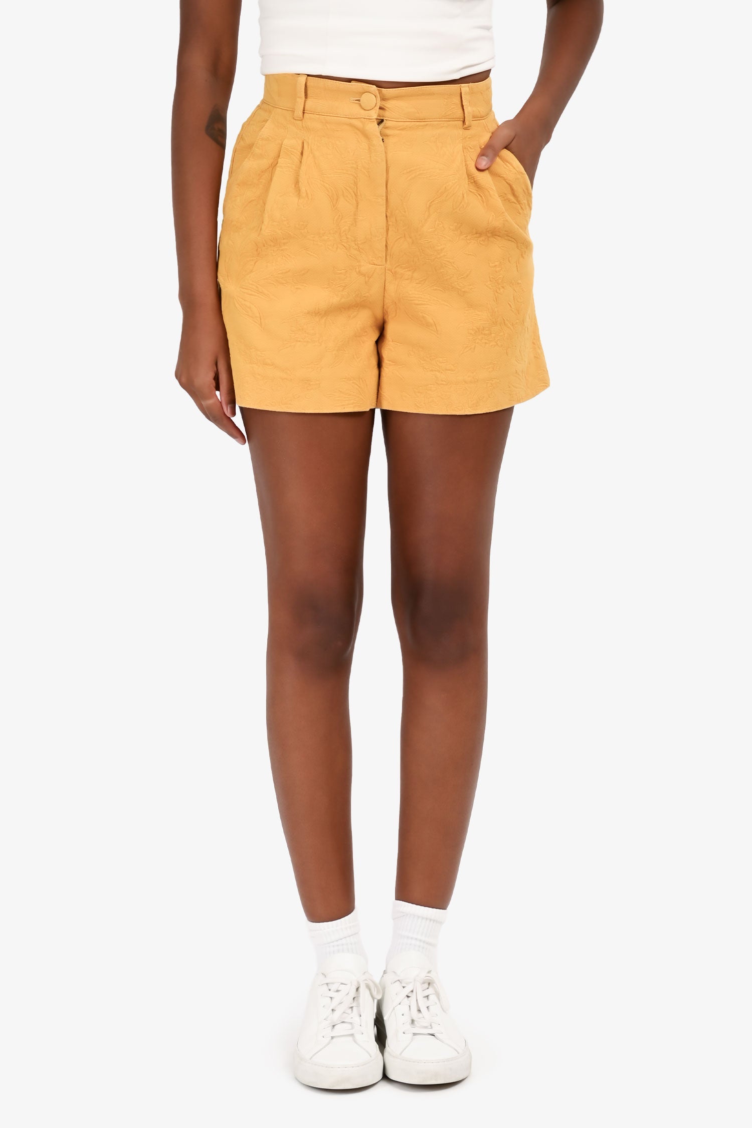 Dolce & Gabbana Mustard Yellow Jacquard High Waisted Shorts Size 38