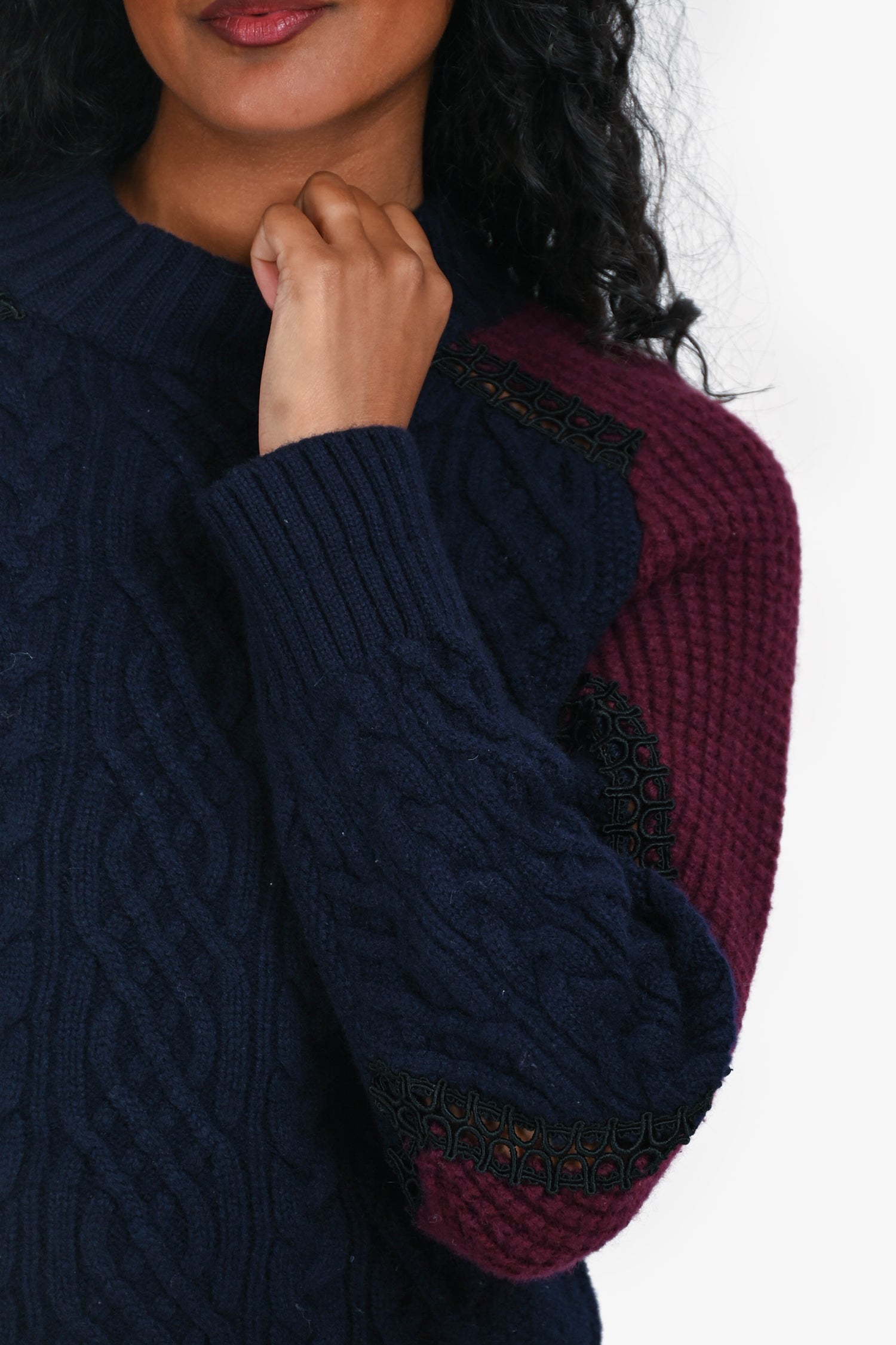 Sacai Navy/Burgundy Cable Knit Lace Detail Crewneck Sweater Size 2
