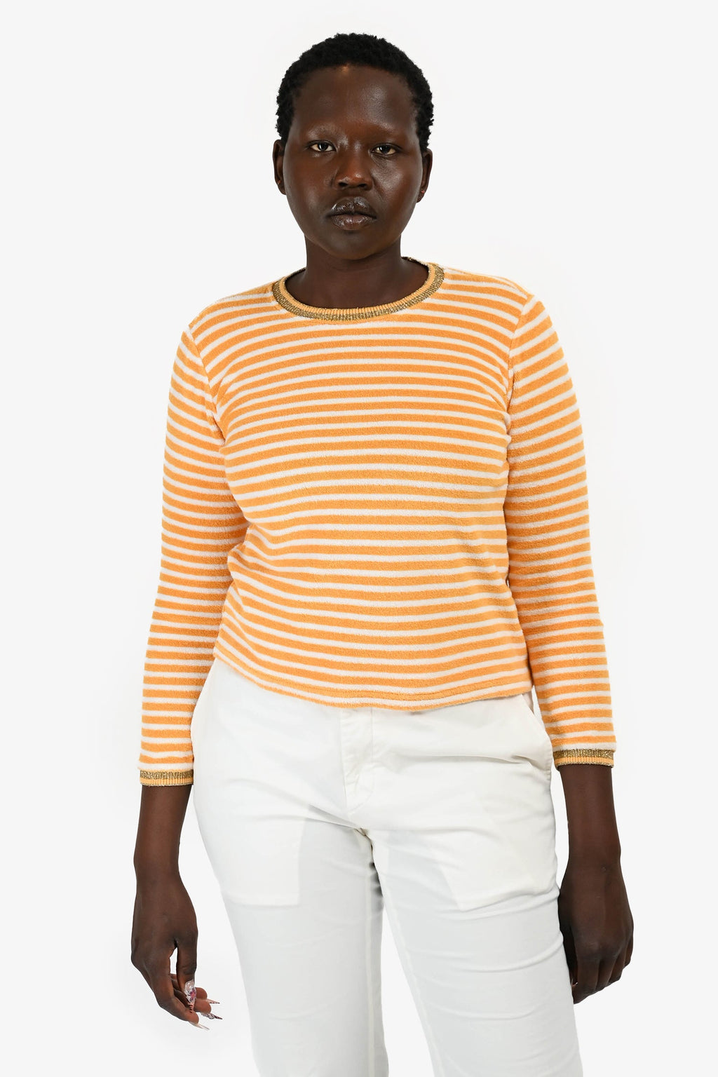 Shrimps Yellow/White Striped Terry Cloth Long Sleeve Top Size M