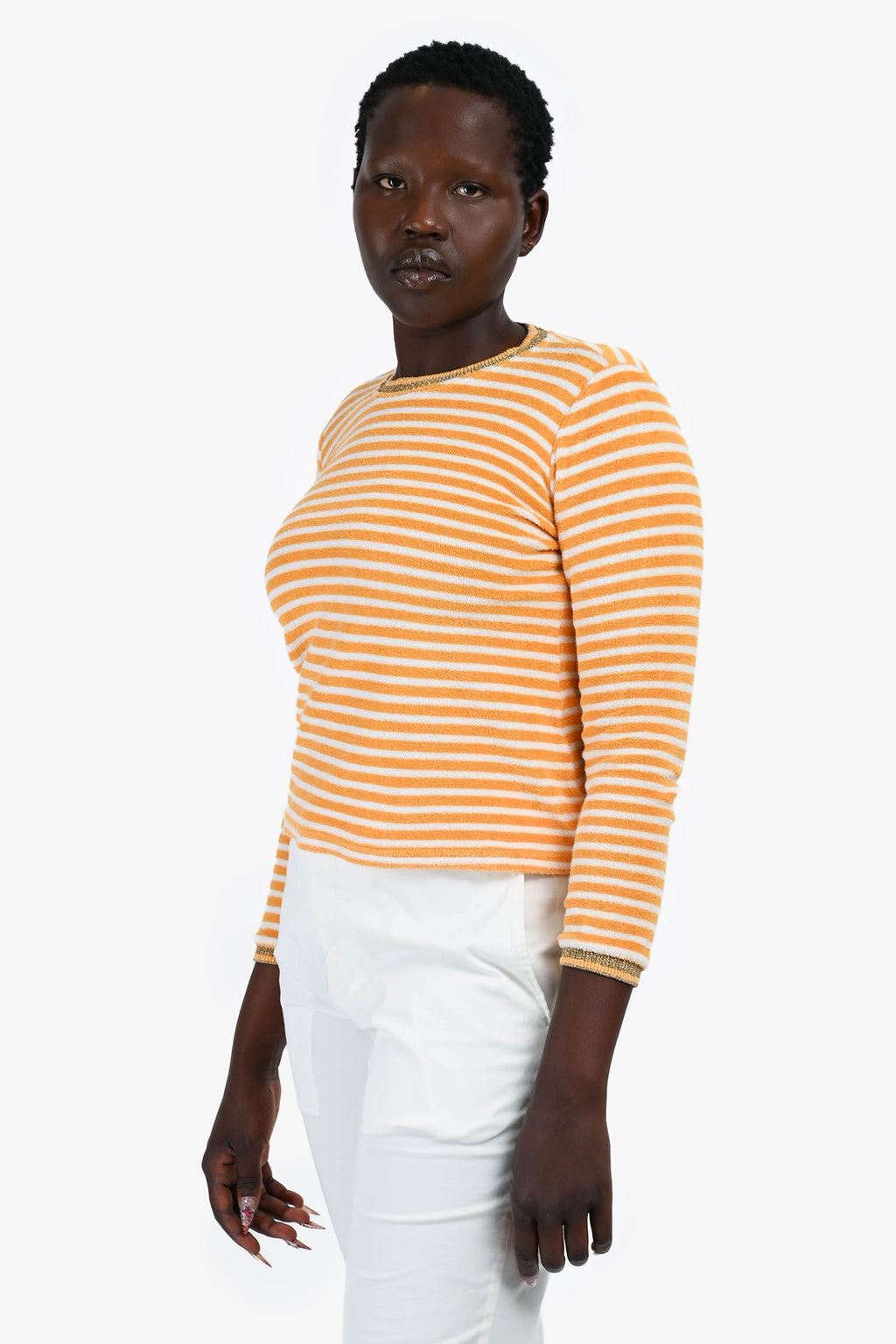 Shrimps Yellow/White Striped Terry Cloth Long Sleeve Top Size M