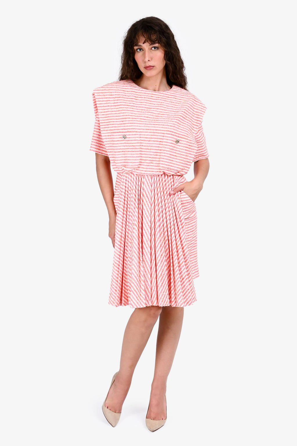 Pre-Loved Chanel™ Orange/Pink Striped Short Sleeves Midi Dress Size 36