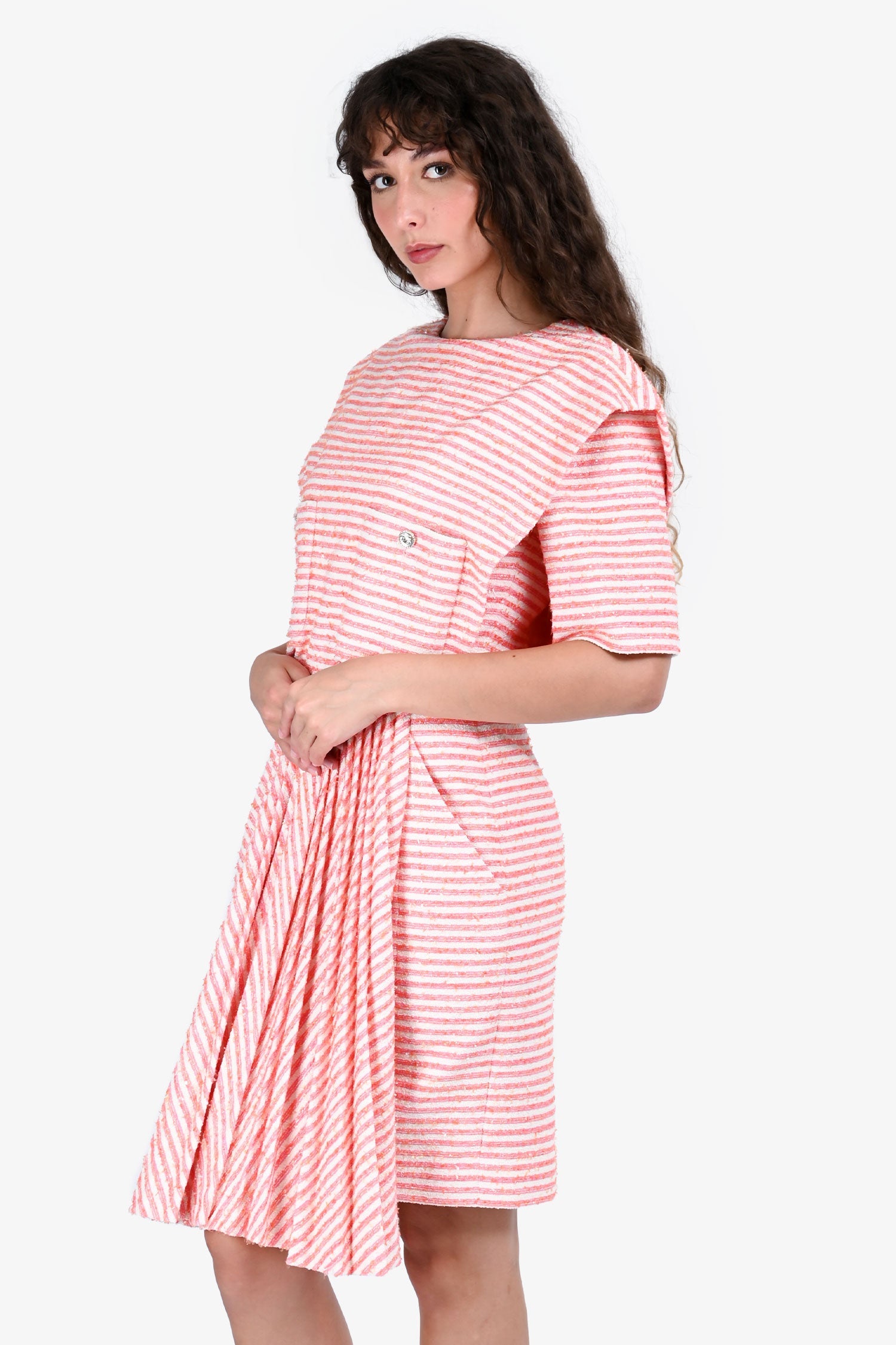 Pre-Loved Chanel™ Orange/Pink Striped Short Sleeves Midi Dress Size 36