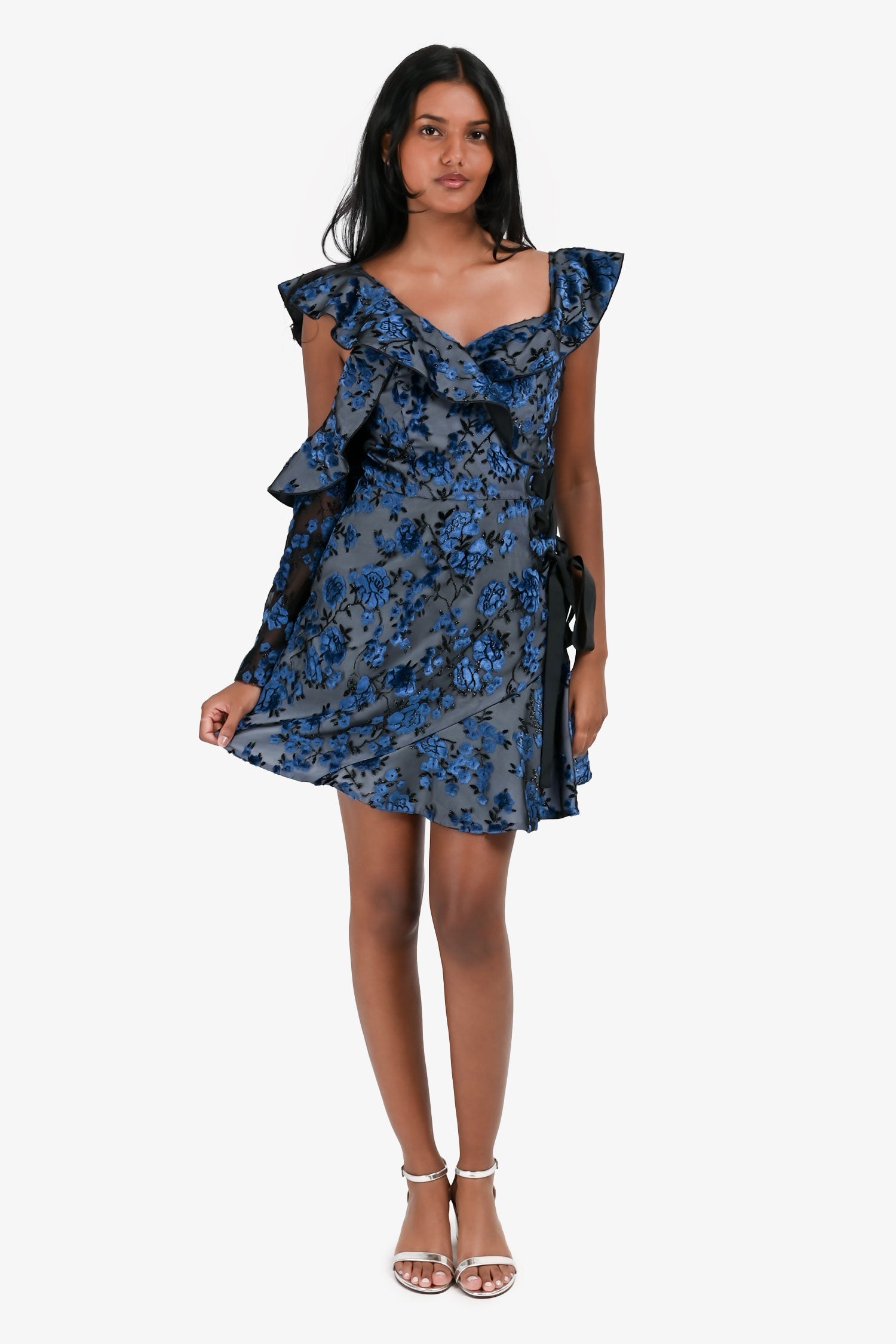 Self-Portrait Blue/Black Floral Embroidered Asymmetrical Dress Size 4 US