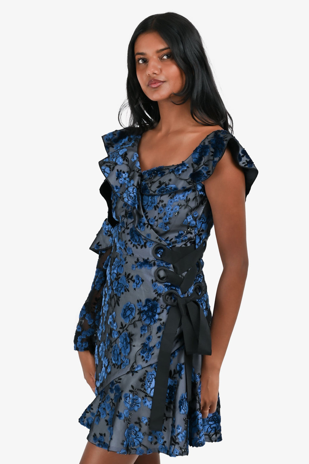 Self-Portrait Blue/Black Floral Embroidered Asymmetrical Dress Size 4 US