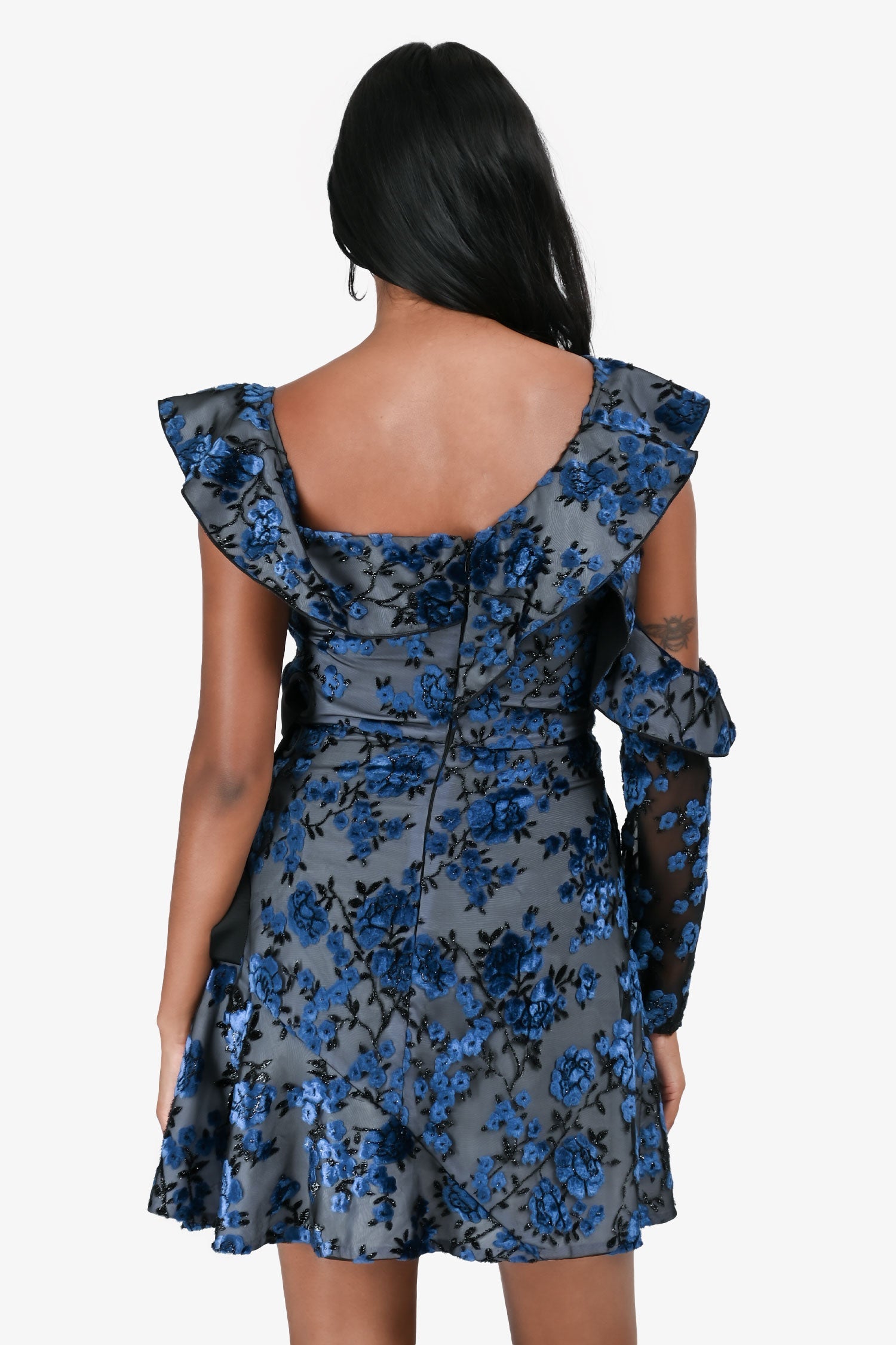 Self-Portrait Blue/Black Floral Embroidered Asymmetrical Dress Size 4 US