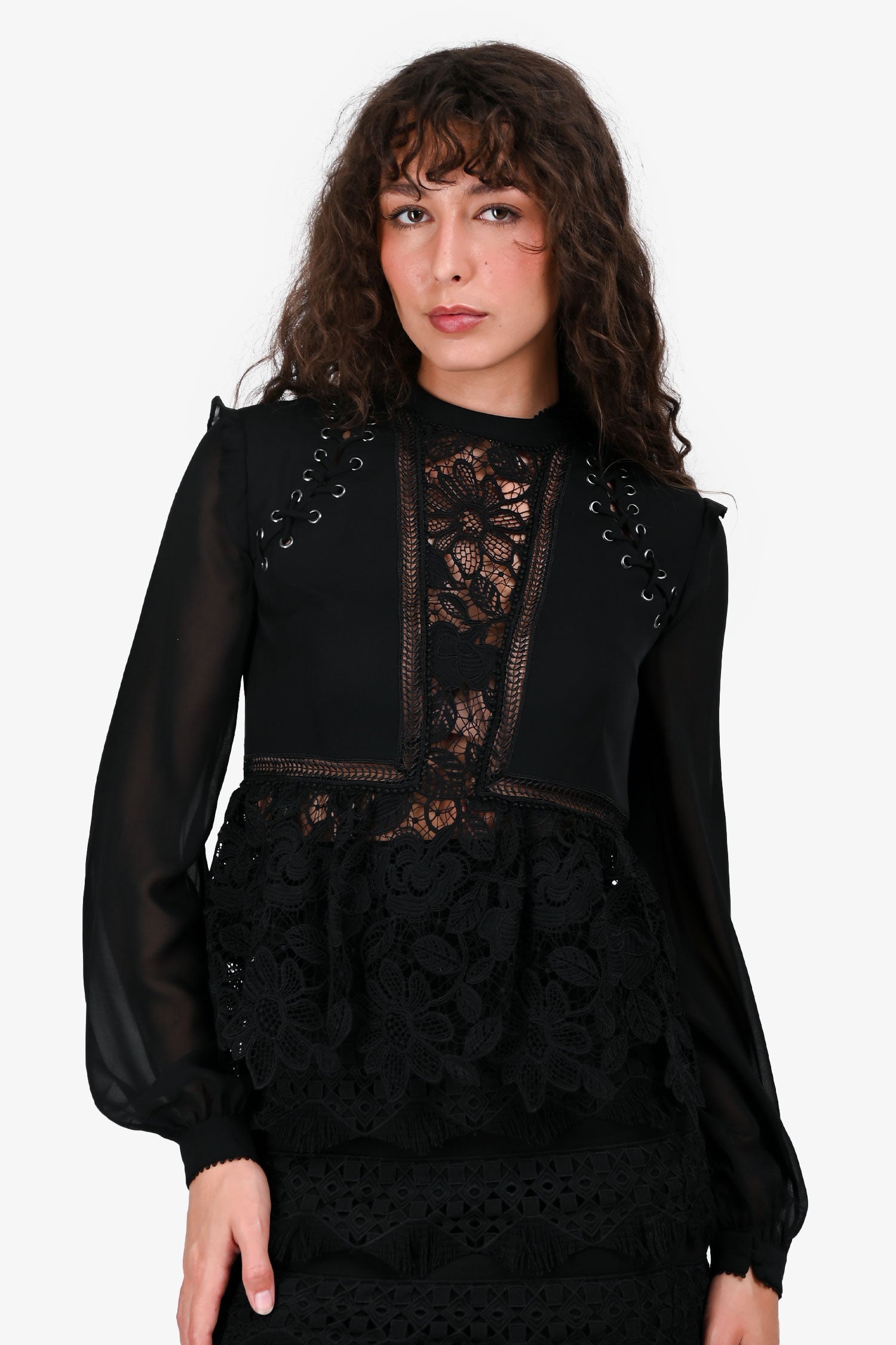 Self-Portrait Black Lace Long Sleeves Top Size 4 US