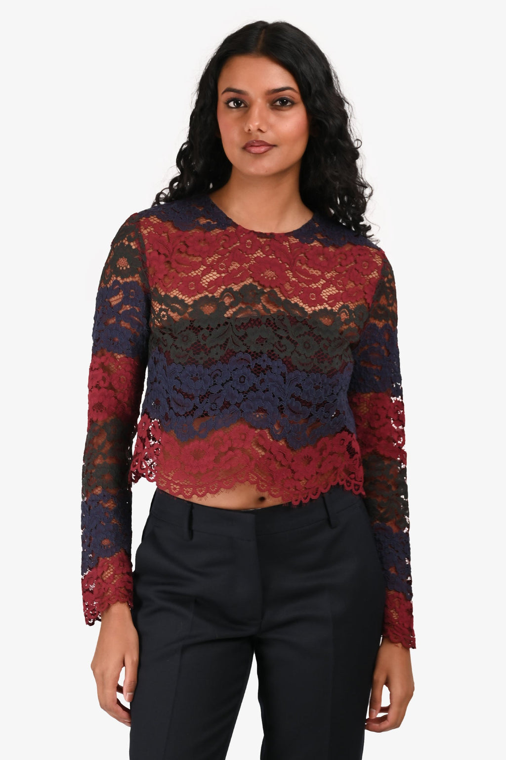 Sandro Burgundy/Navy/Green Lace Cropped Long Sleeve Top Size 1