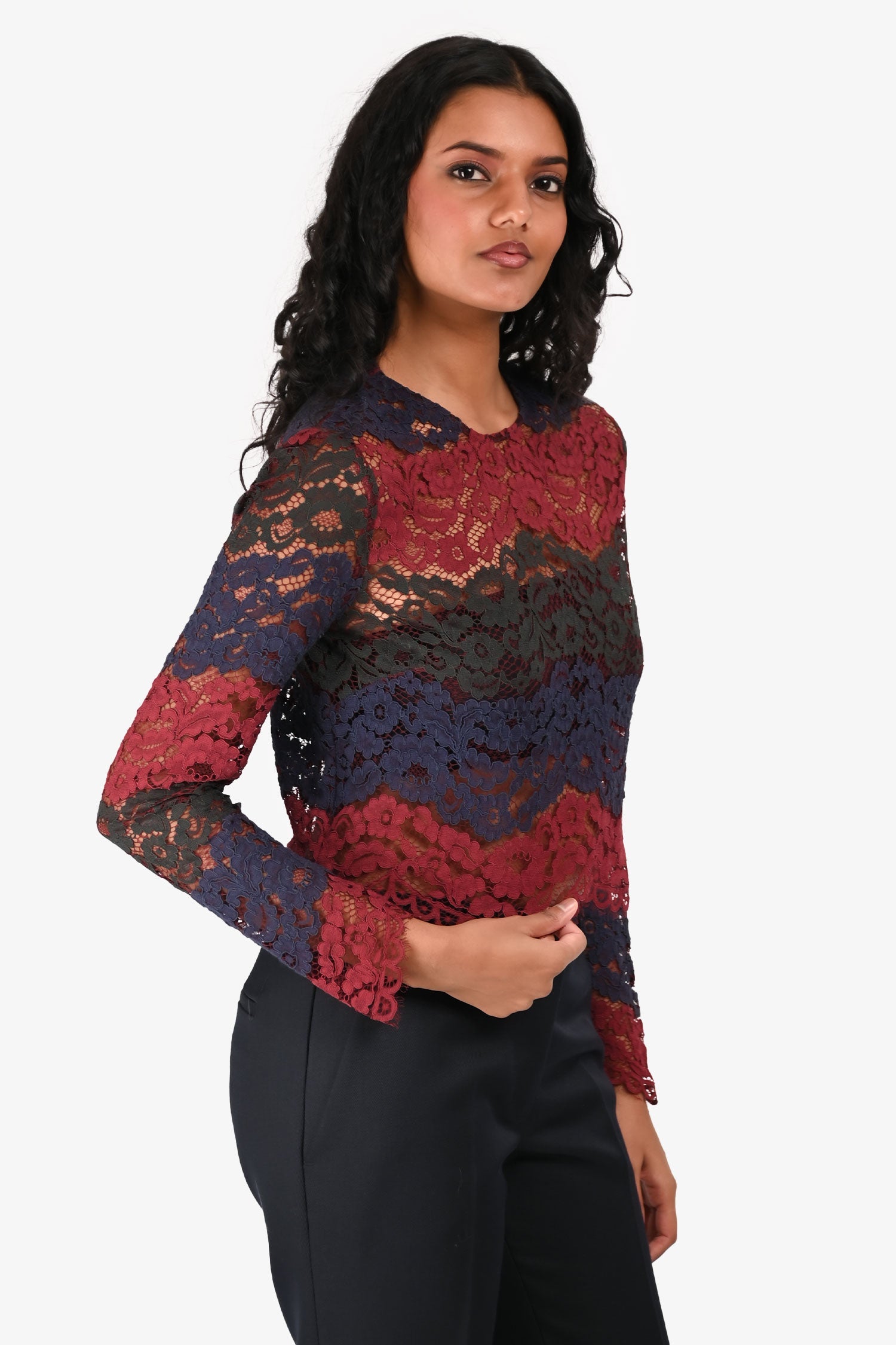 Sandro Burgundy/Navy/Green Lace Cropped Long Sleeve Top Size 1
