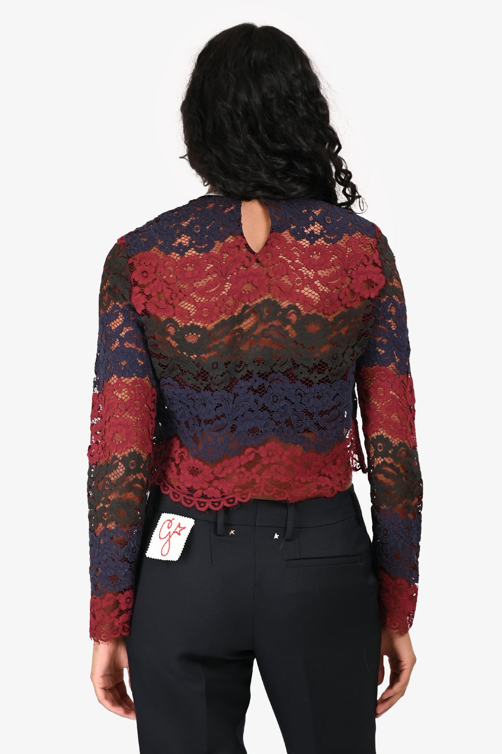 Sandro Burgundy/Navy/Green Lace Cropped Long Sleeve Top Size 1