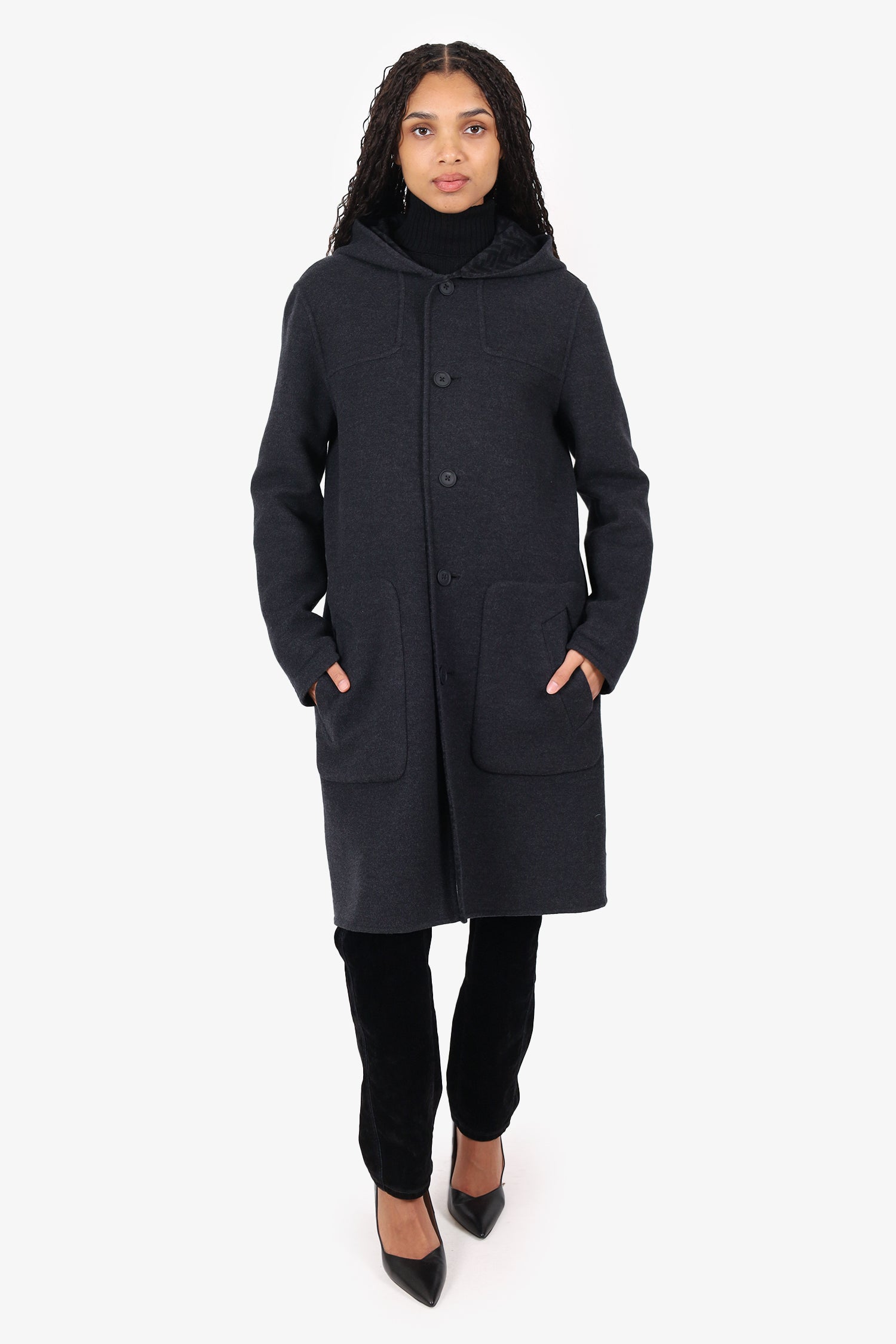 Fendi Grey Wool Montgomery Reversible Logo-Print Coat Size 44