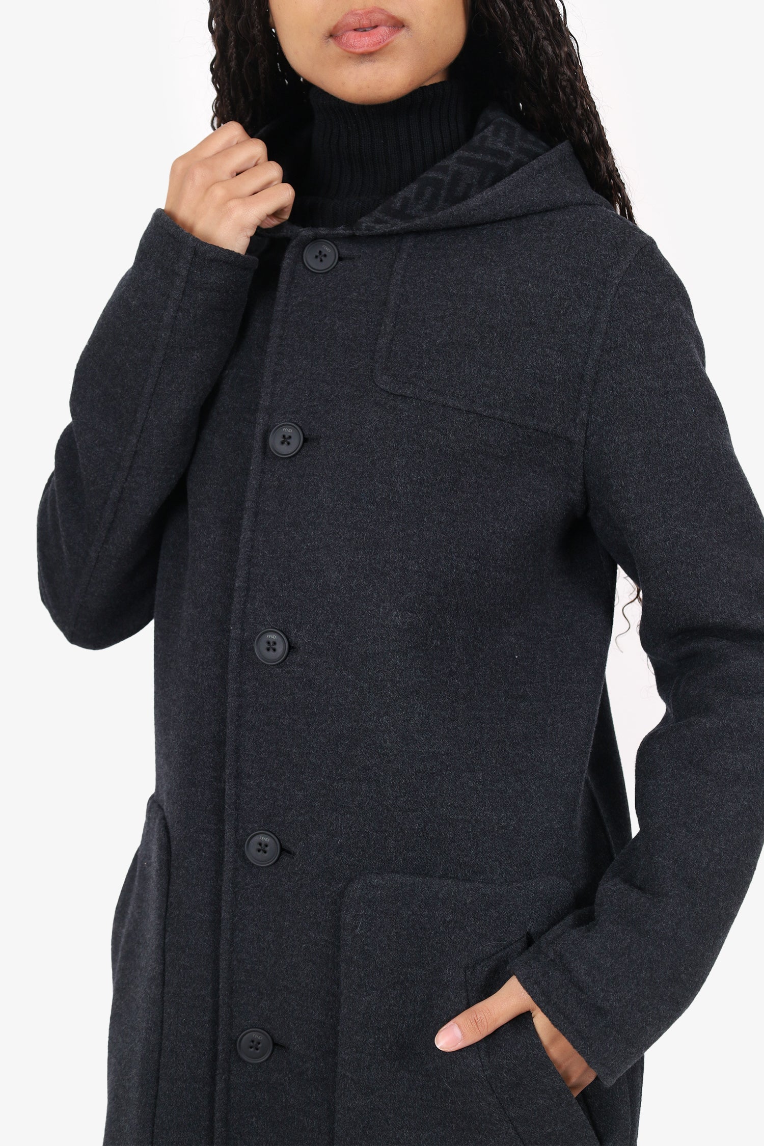 Fendi Grey Wool Montgomery Reversible Logo-Print Coat Size 44