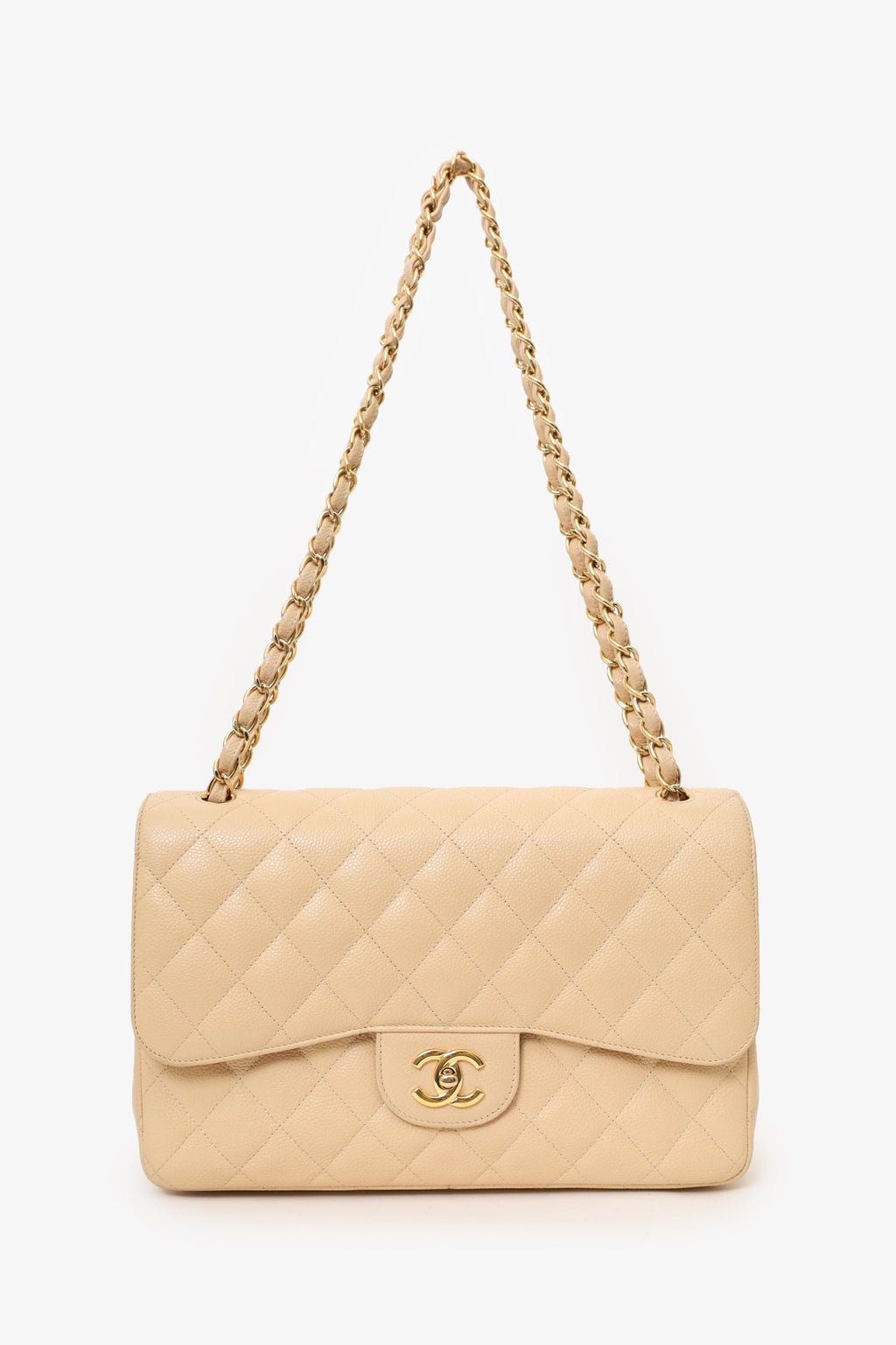 Pre-Loved Chanel™ 2010-11 Beige Caviar Leather Jumbo Classic Double Flap Bag