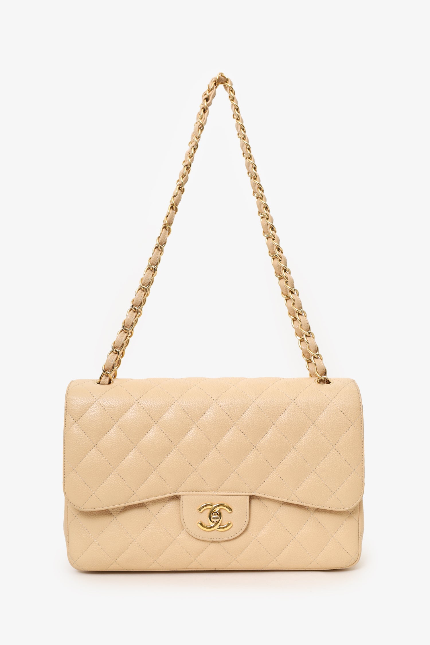Pre-Loved Chanel™ 2010-11 Beige Caviar Leather Jumbo Classic Double Flap Bag