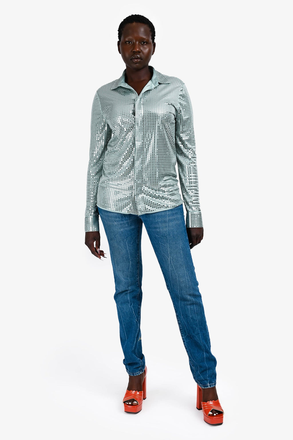 Bottega Veneta Fall 2019 Blue Sequin Button Up Top Size 42