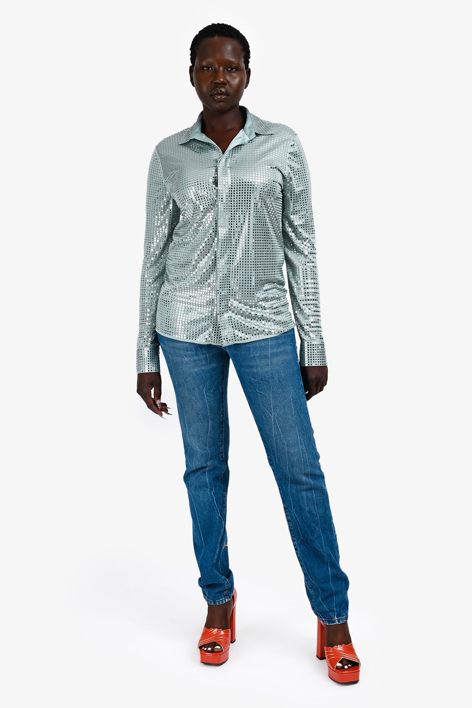 Bottega Veneta Fall 2019 Blue Sequin Button Up Top Size 42
