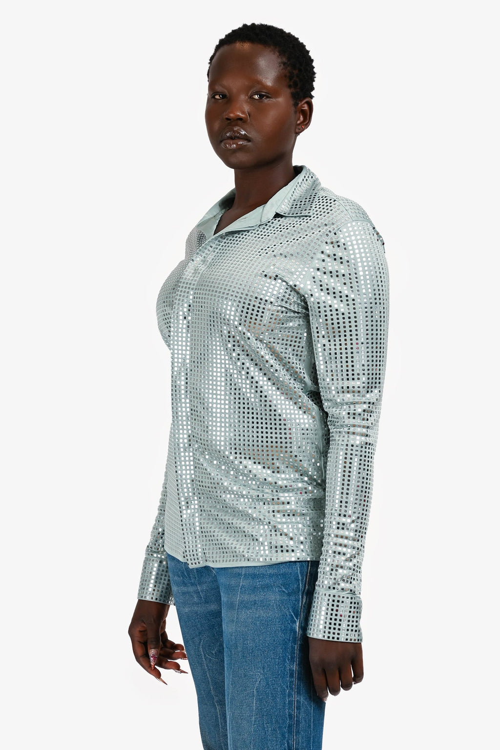 Bottega Veneta Fall 2019 Blue Sequin Button Up Top Size 42