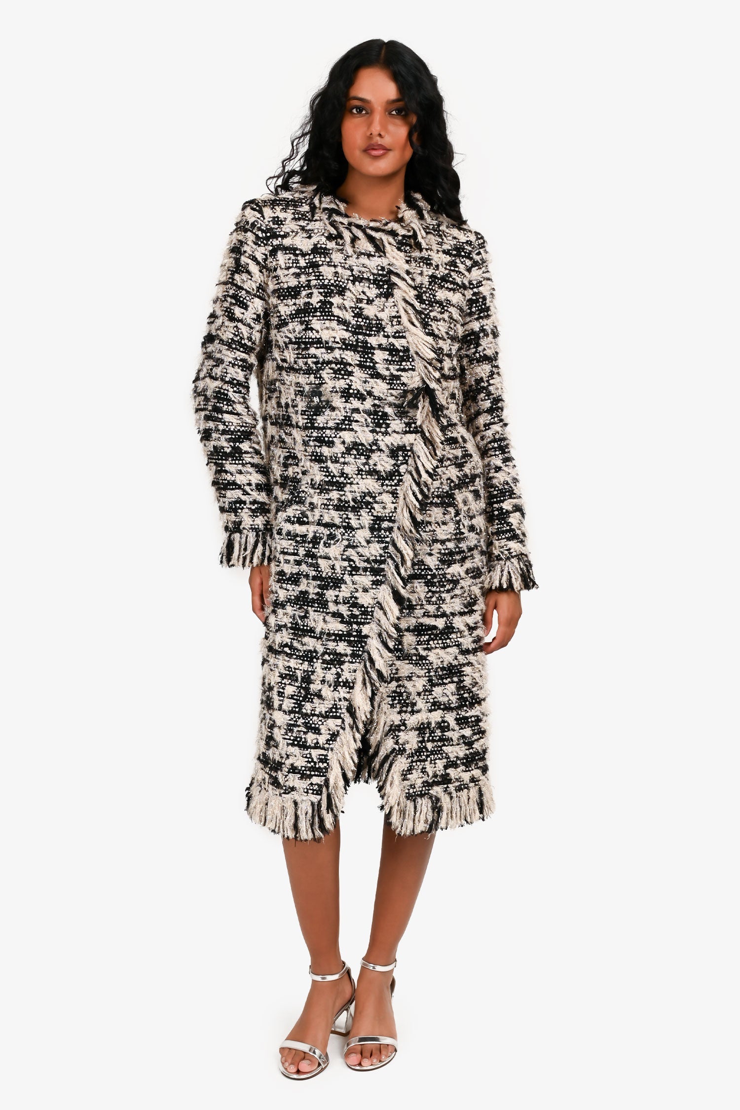 Pre-Loved Chanel™ Black/Gold Metallic Tweed Fringed Midi Coat Size 40