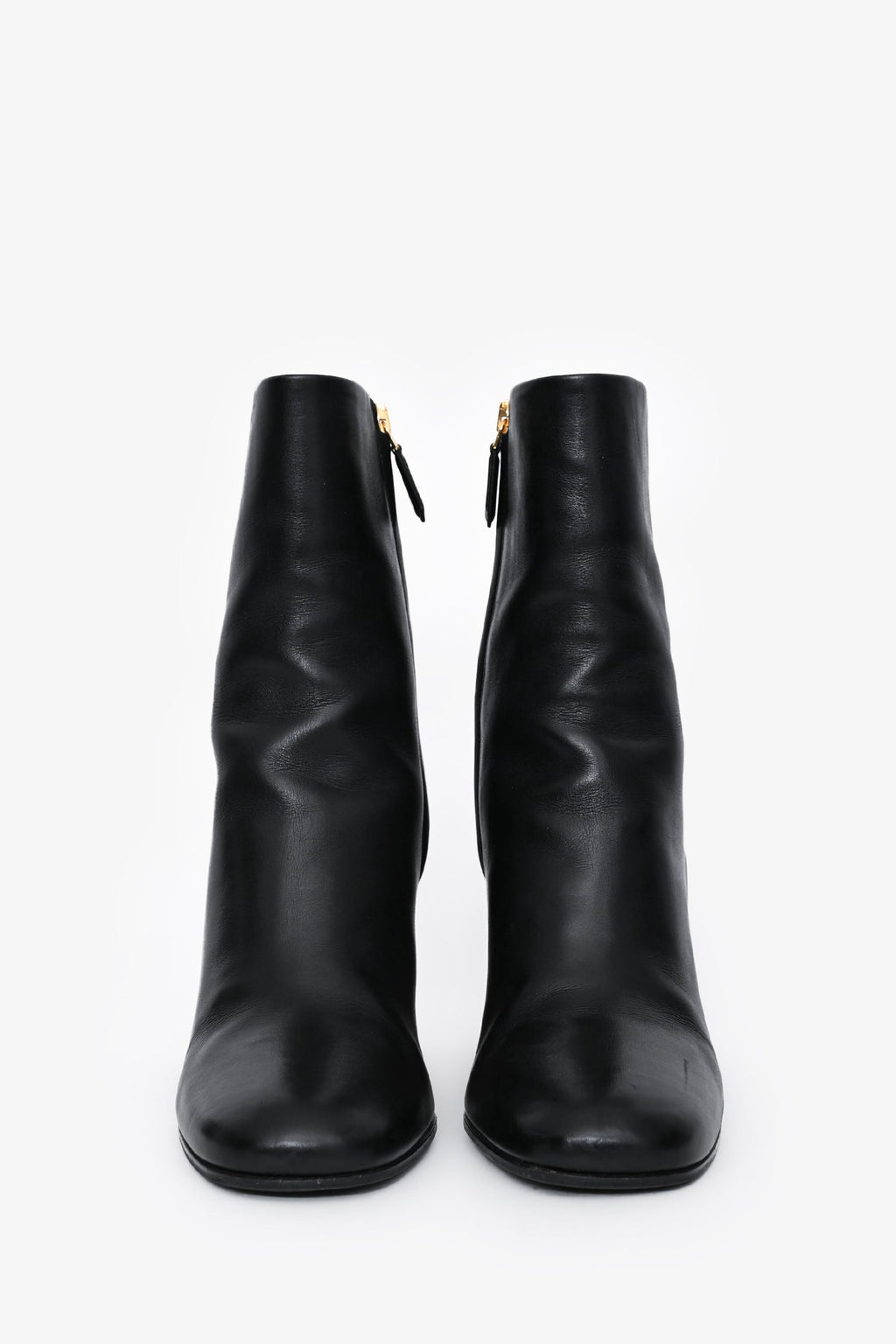 Prada Black Leather Block Heel Ankle Boots Size 35.5