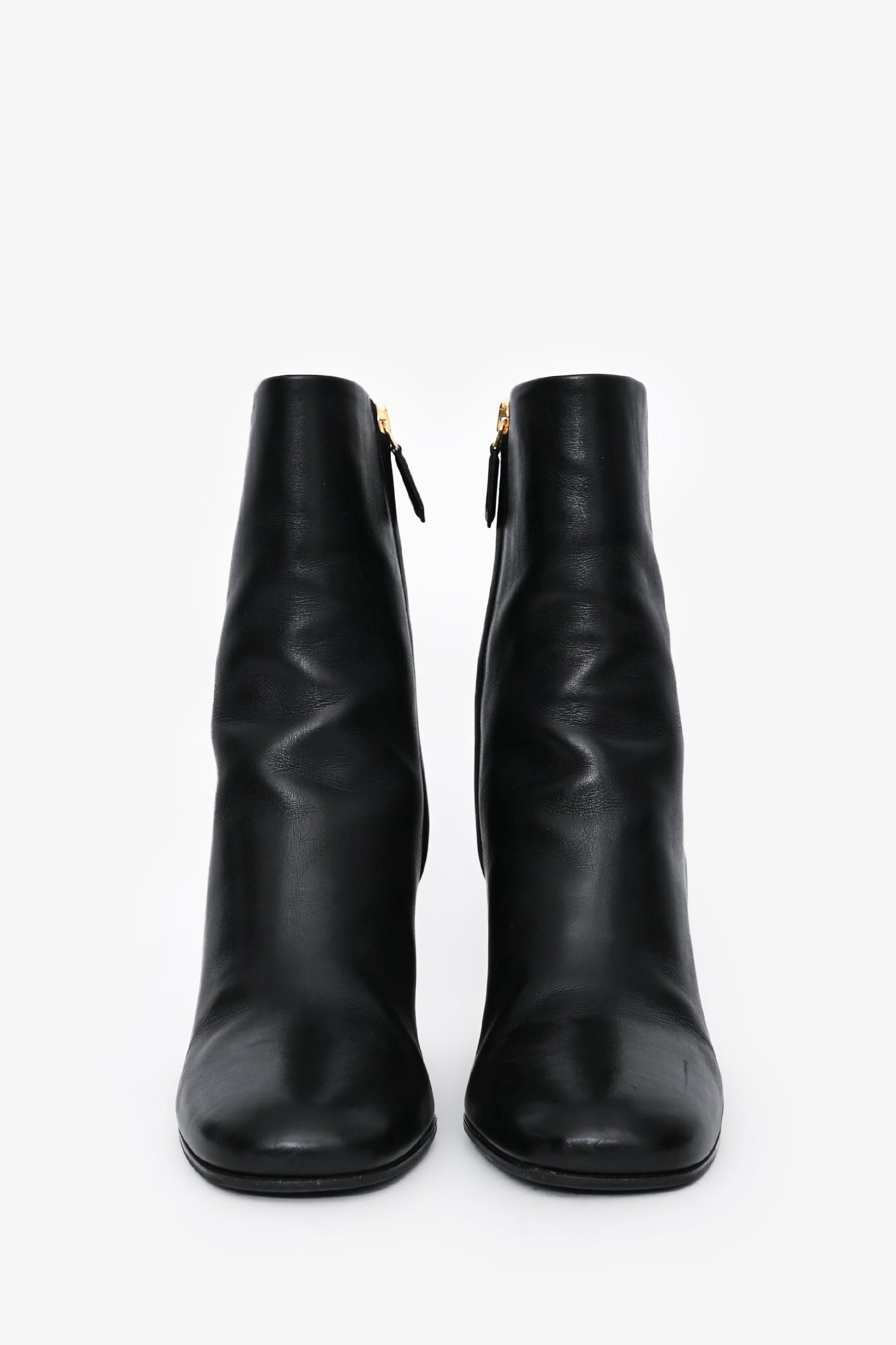 Prada Black Leather Block Heel Ankle Boots Size 35.5