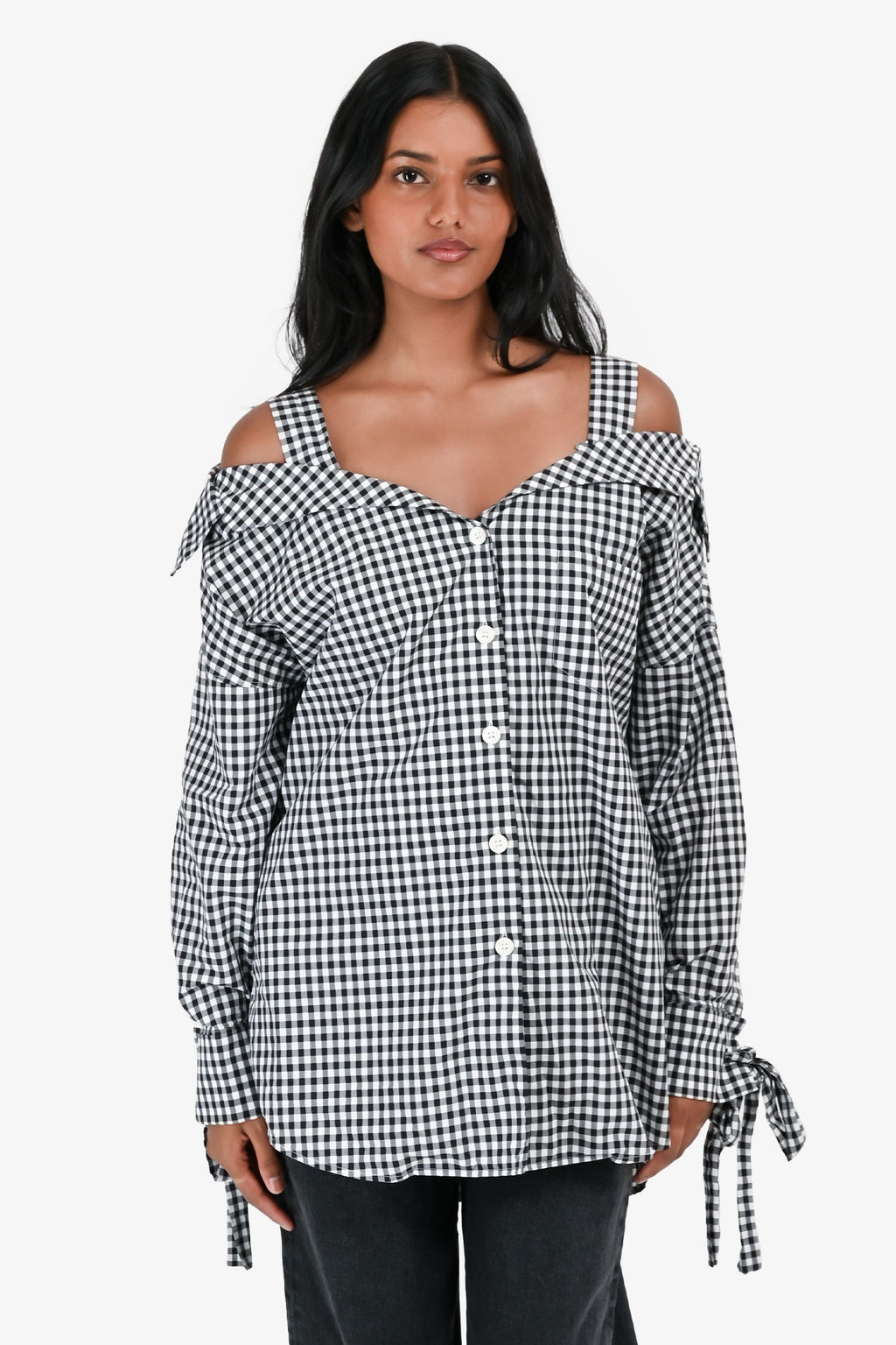Prada 2018 Black & White Gingham Off The Shoulder Shirt Size 36