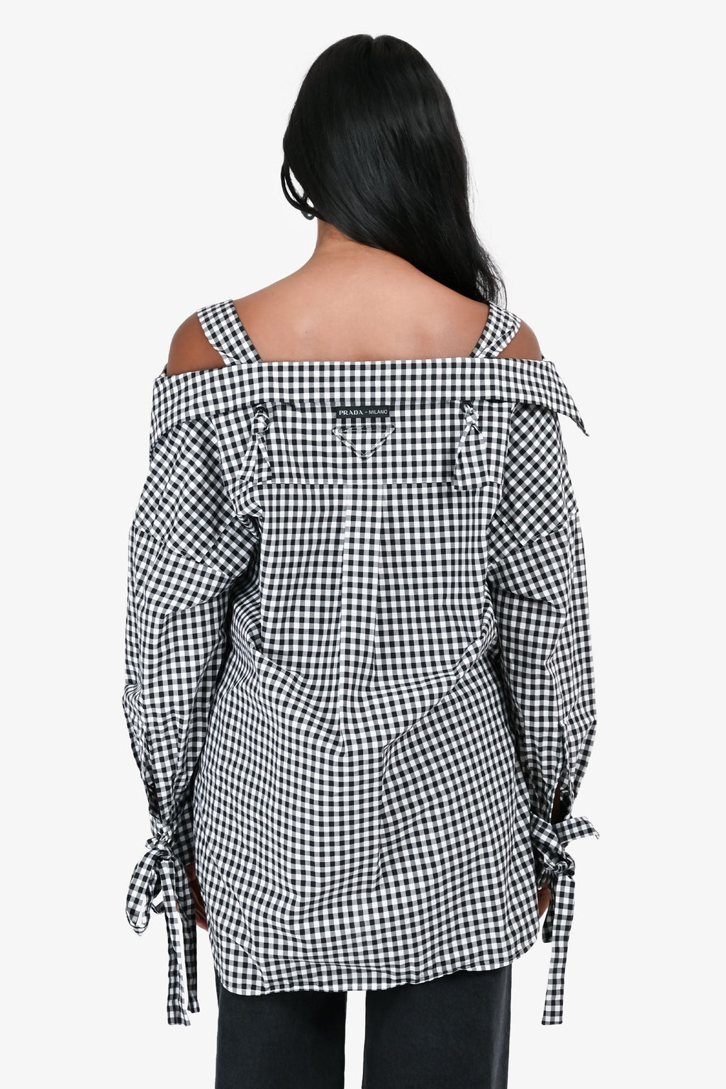 Prada 2018 Black & White Gingham Off The Shoulder Shirt Size 36