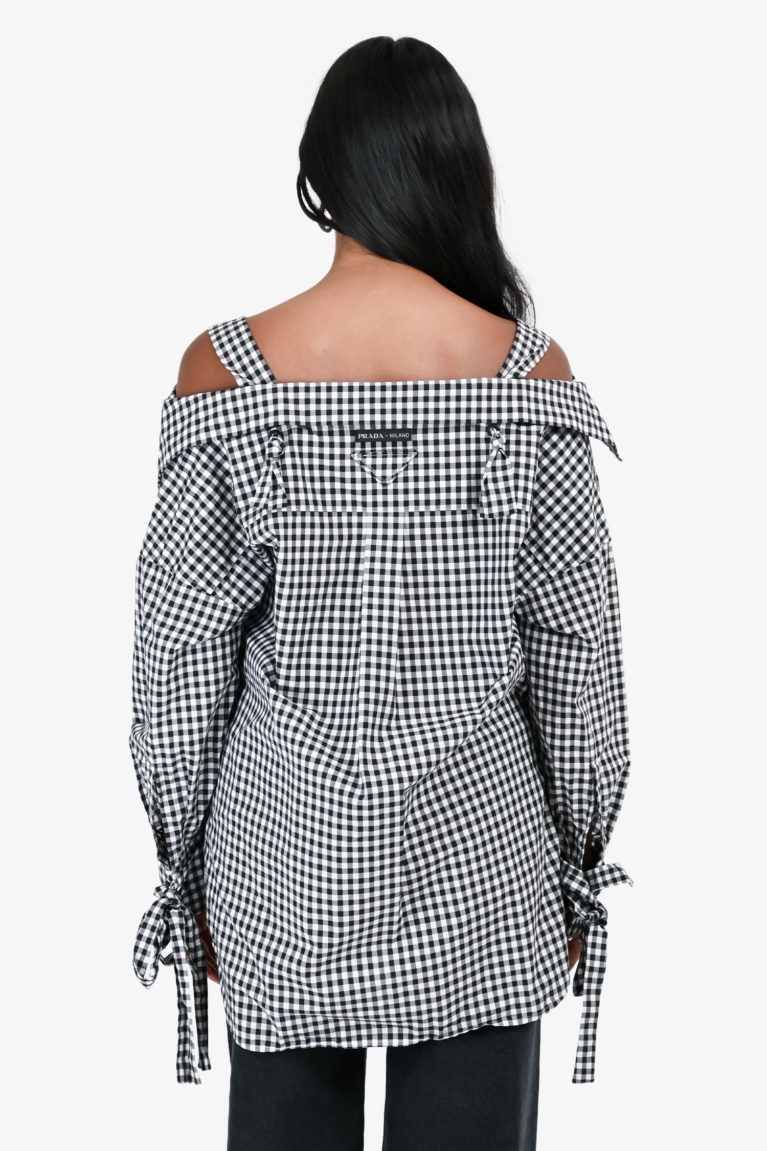 Prada 2018 Black & White Gingham Off The Shoulder Shirt Size 36