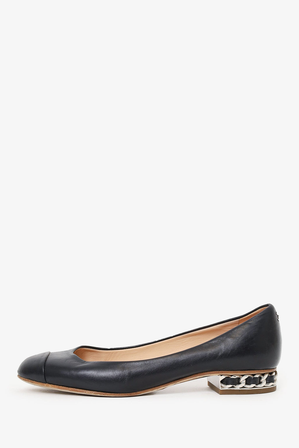 Pre-Loved Chanel™ Black Lambskin Leather Cap-Toe Chain Flats Size 36.5