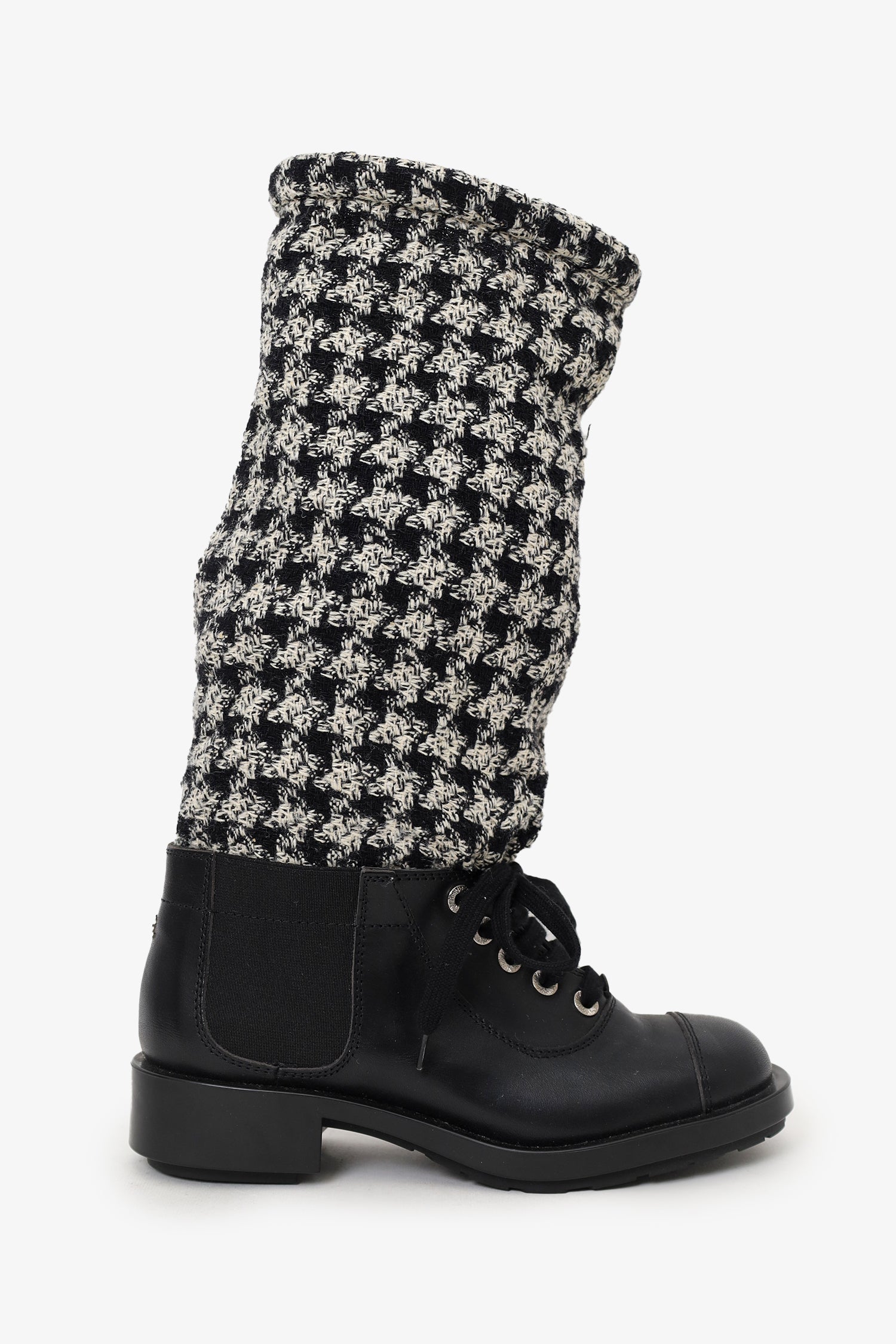 Pre-Loved Chanel™ Black/Off White Leather and Tweed Lace Up Chain Detail Boots Size 36