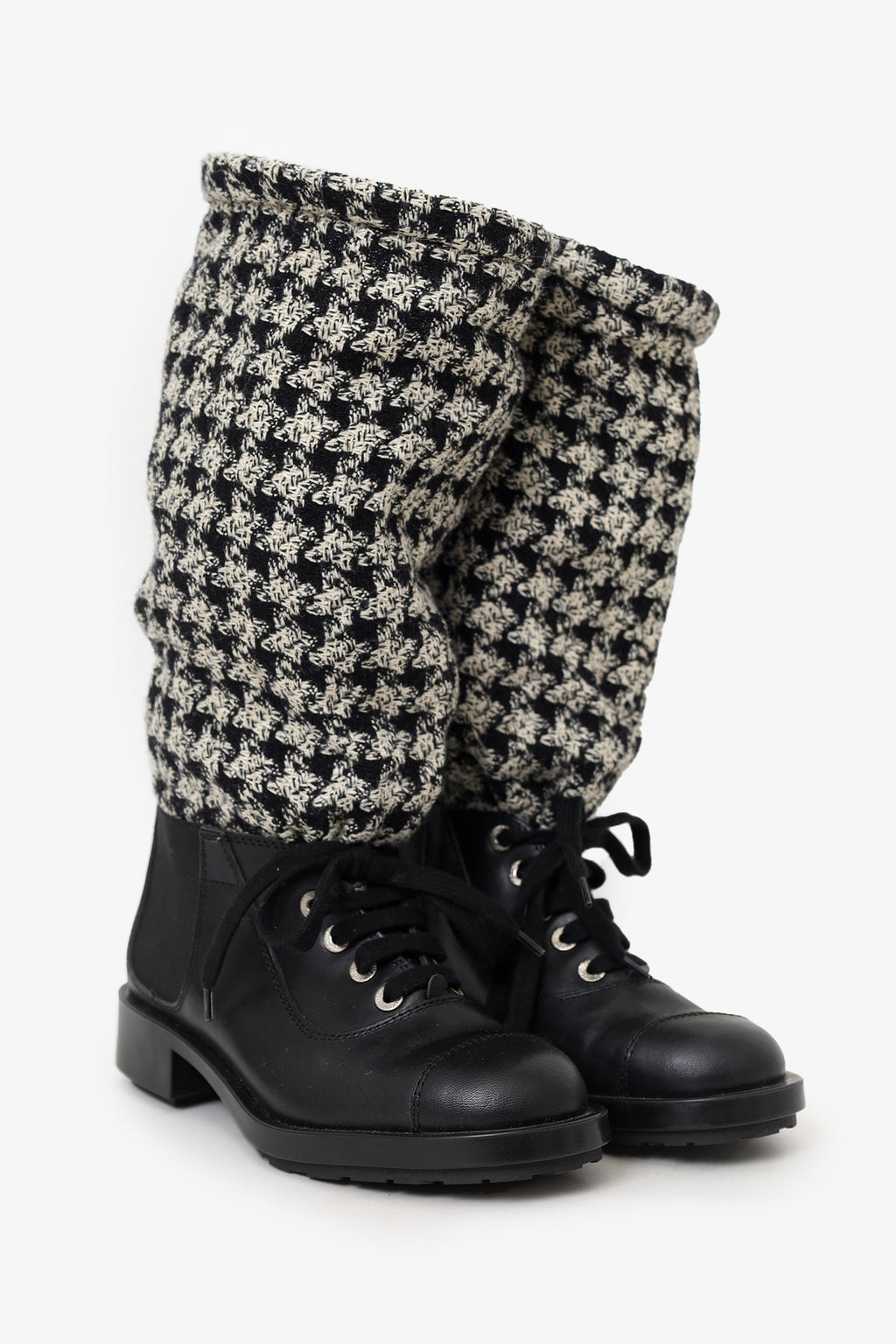 Pre-Loved Chanel™ Black/Off White Leather and Tweed Lace Up Chain Detail Boots Size 36