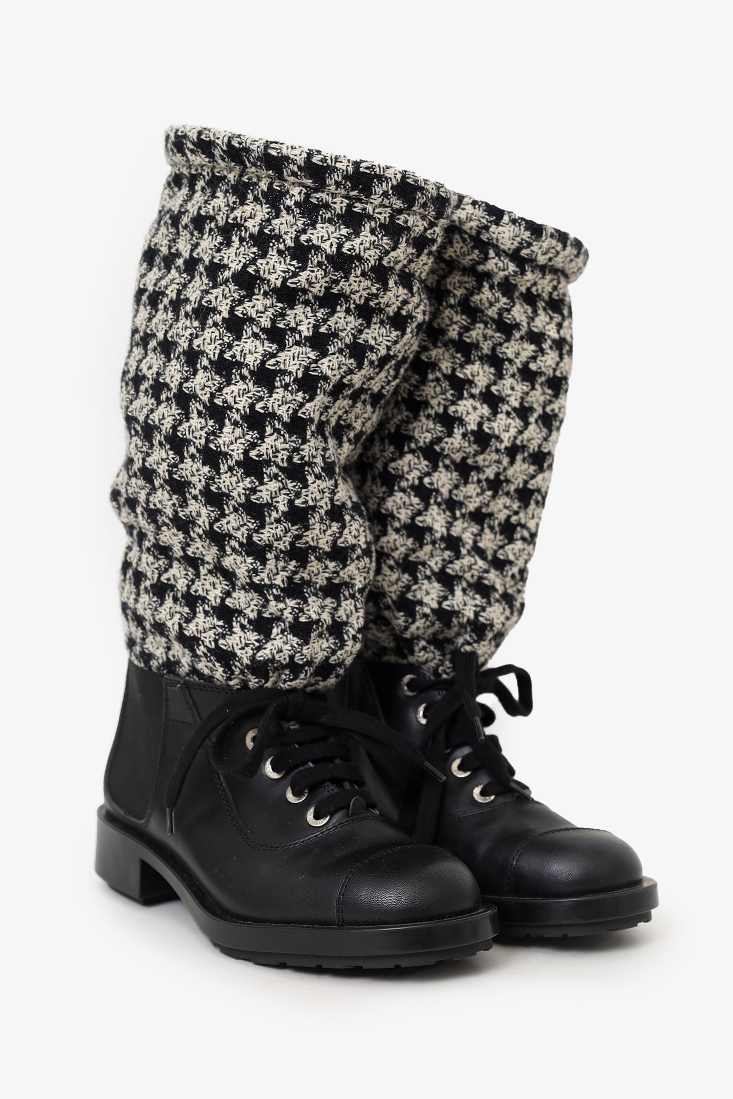 Pre-Loved Chanel™ Black/Off White Leather and Tweed Lace Up Chain Detail Boots Size 36