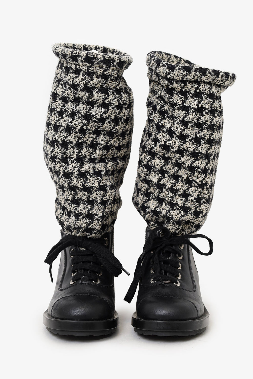 Pre-Loved Chanel™ Black/Off White Leather and Tweed Lace Up Chain Detail Boots Size 36