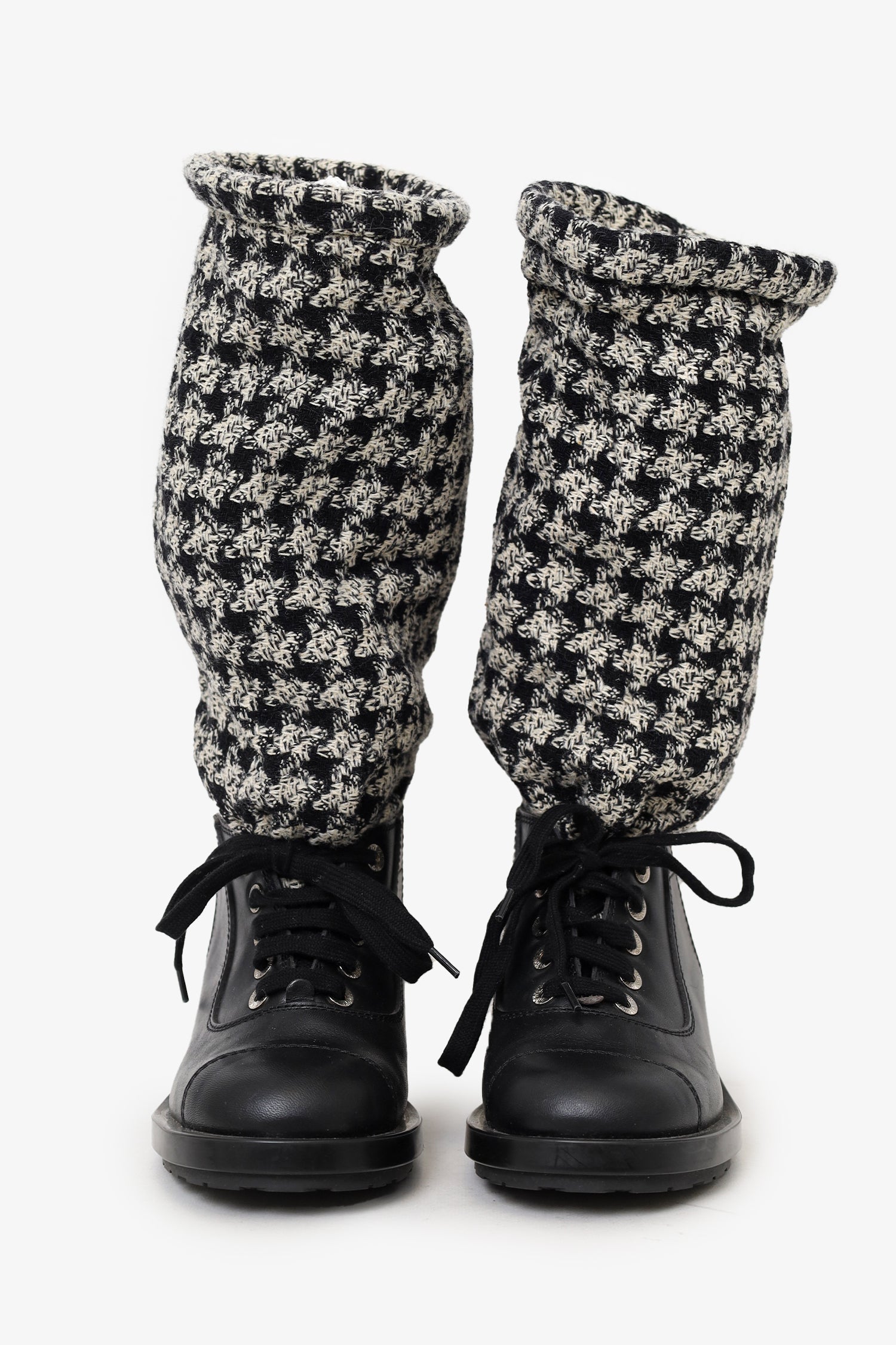 Pre-Loved Chanel™ Black/Off White Leather and Tweed Lace Up Chain Detail Boots Size 36