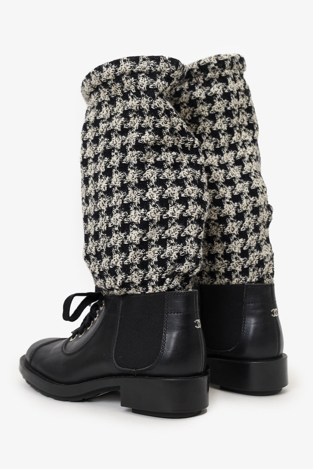 Pre-Loved Chanel™ Black/Off White Leather and Tweed Lace Up Chain Detail Boots Size 36