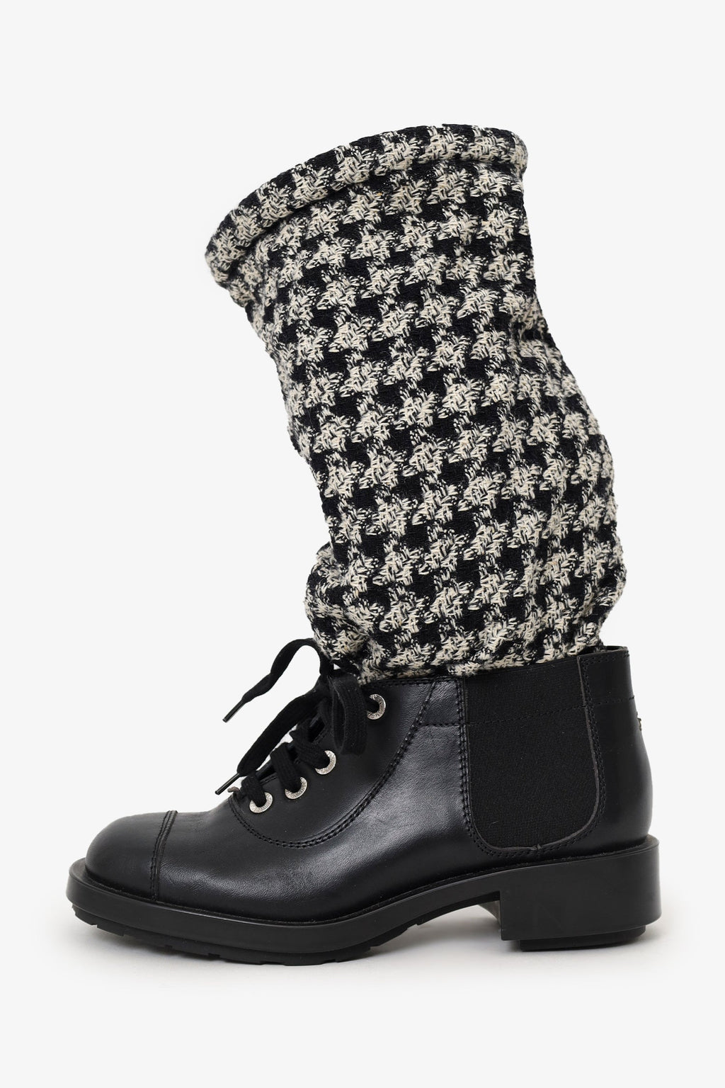 Pre-Loved Chanel™ Black/Off White Leather and Tweed Lace Up Chain Detail Boots Size 36