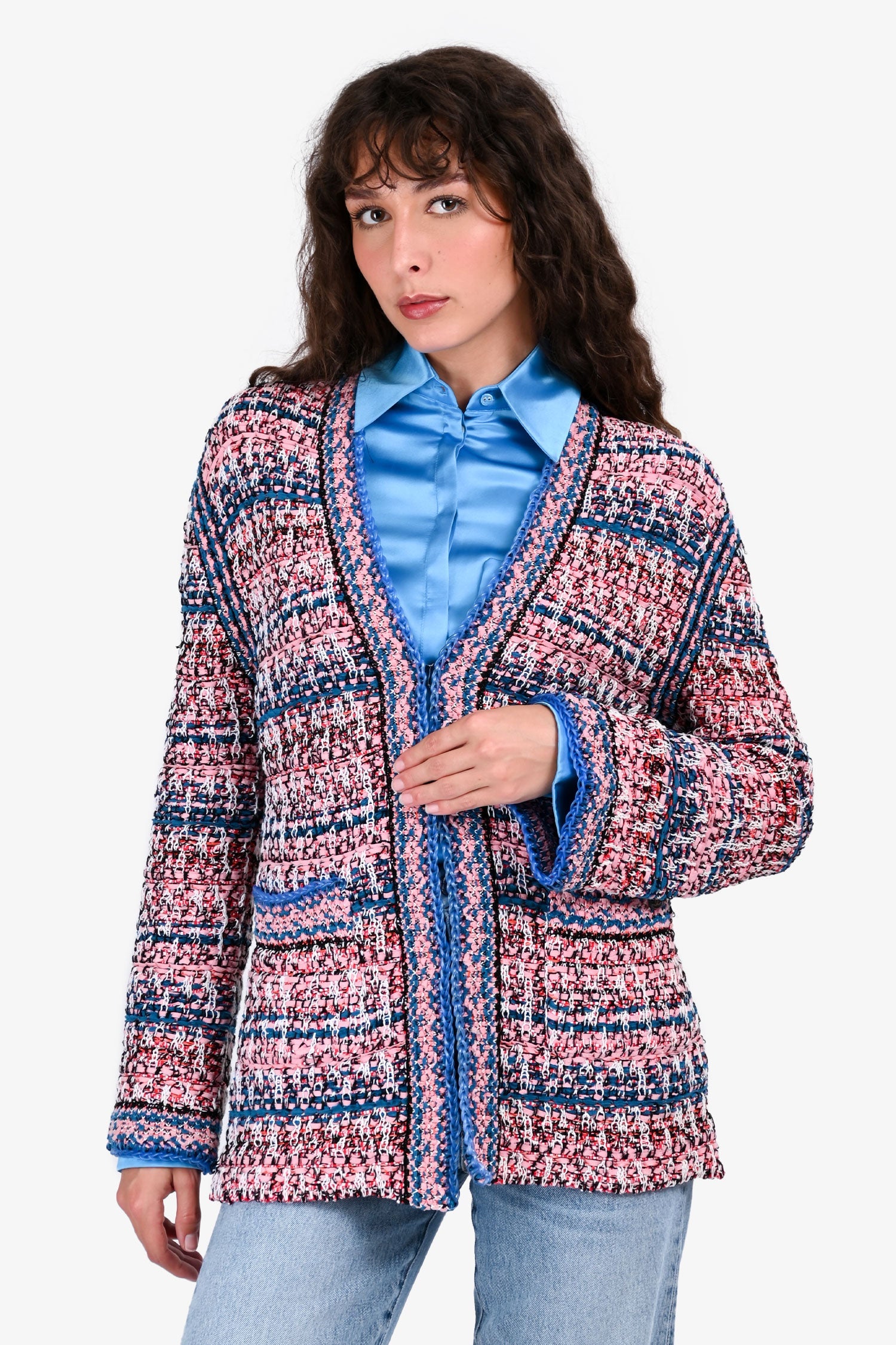 Pre-Loved Chanel™ Spring 2017 Pink/Blue Knit Tweed igan with Blue Rubber Trim Size 38 (As Is)