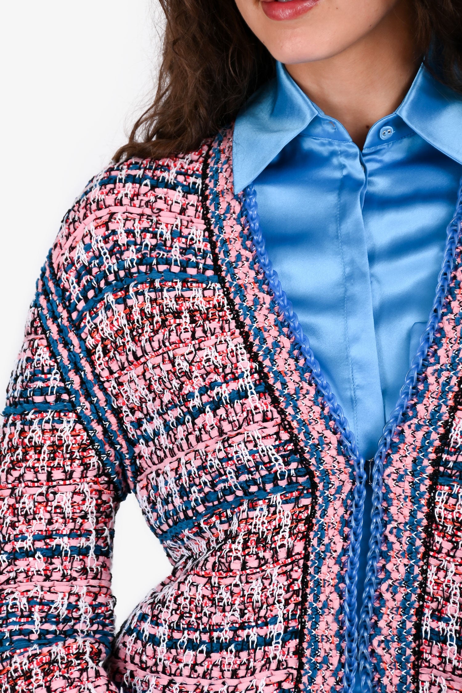 Pre-Loved Chanel™ Spring 2017 Pink/Blue Knit Tweed igan with Blue Rubber Trim Size 38 (As Is)