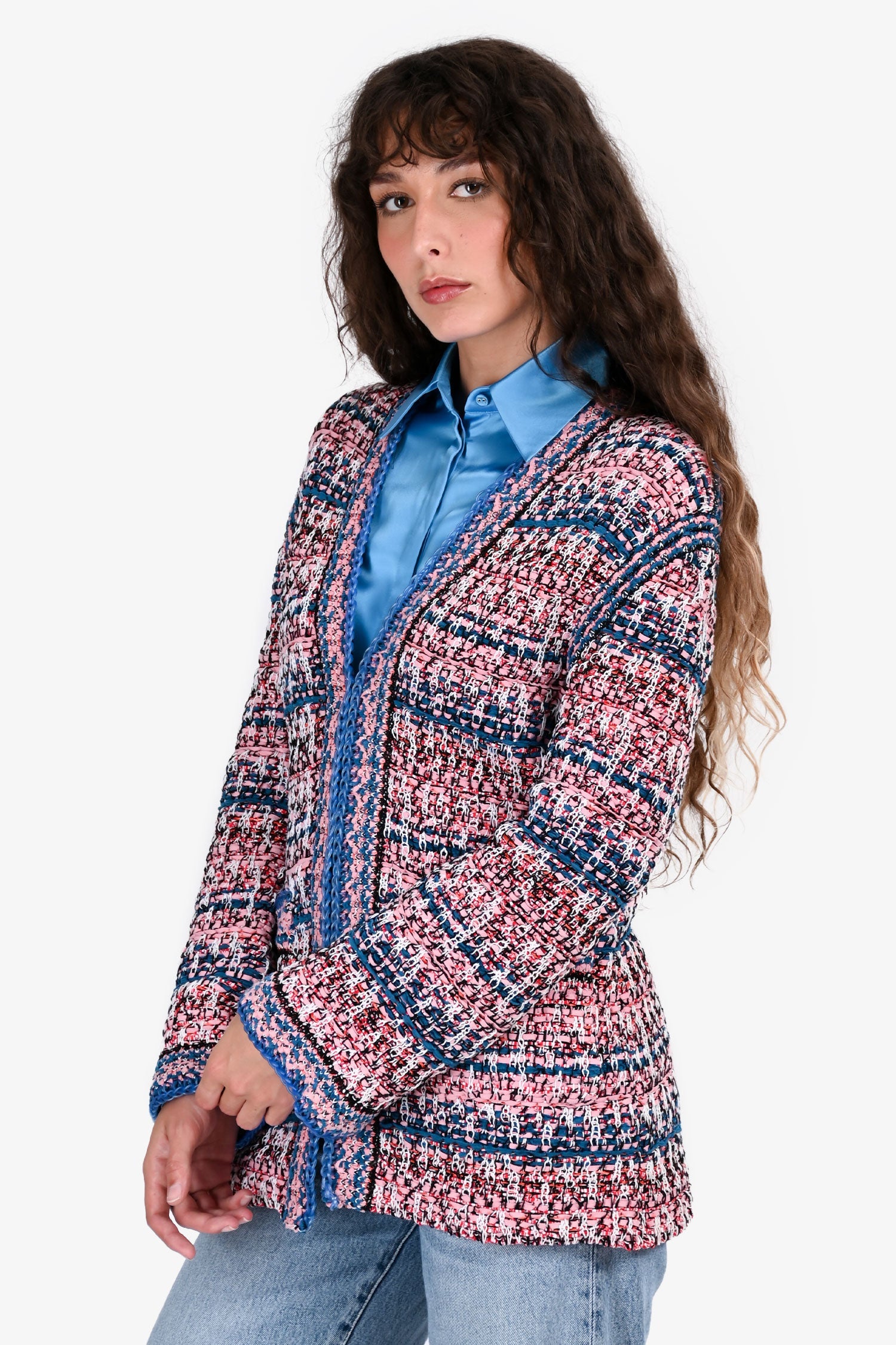 Pre-Loved Chanel™ Spring 2017 Pink/Blue Knit Tweed igan with Blue Rubber Trim Size 38 (As Is)