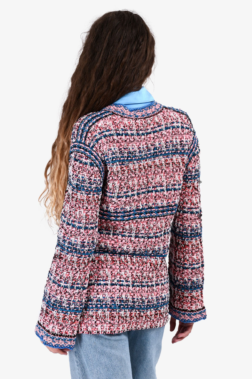 Pre-Loved Chanel™ Spring 2017 Pink/Blue Knit Tweed igan with Blue Rubber Trim Size 38 (As Is)